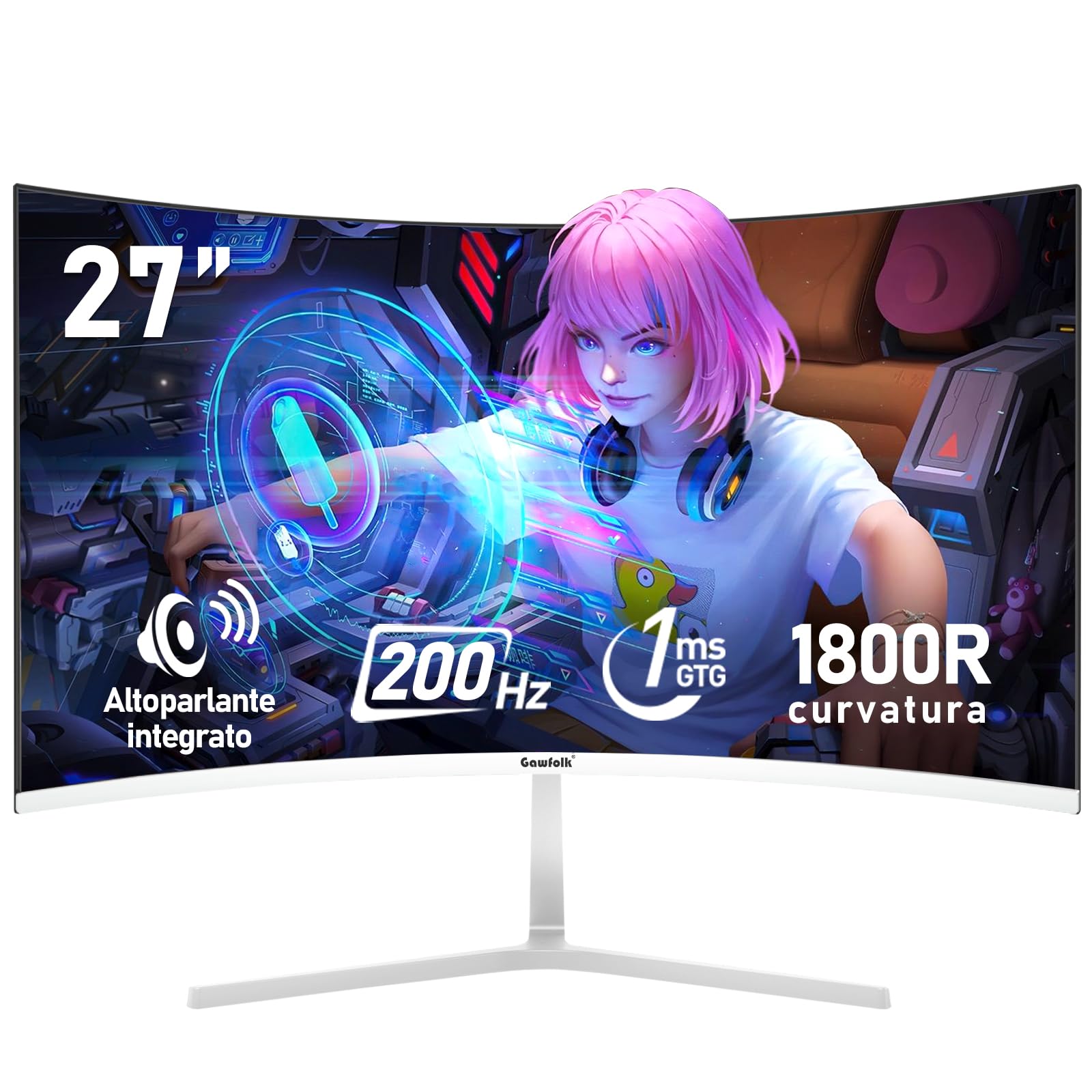 Gawfolk 27 pollici 200Hz curvo monitor per computer da gioco, 1800R，FHD 1080P, 98% sRGB, 1ms，FreeSync，Altoparlante integrato,HDMI、DisplayPort，Compatibile con il montaggio a parete 100*100mm - bianco