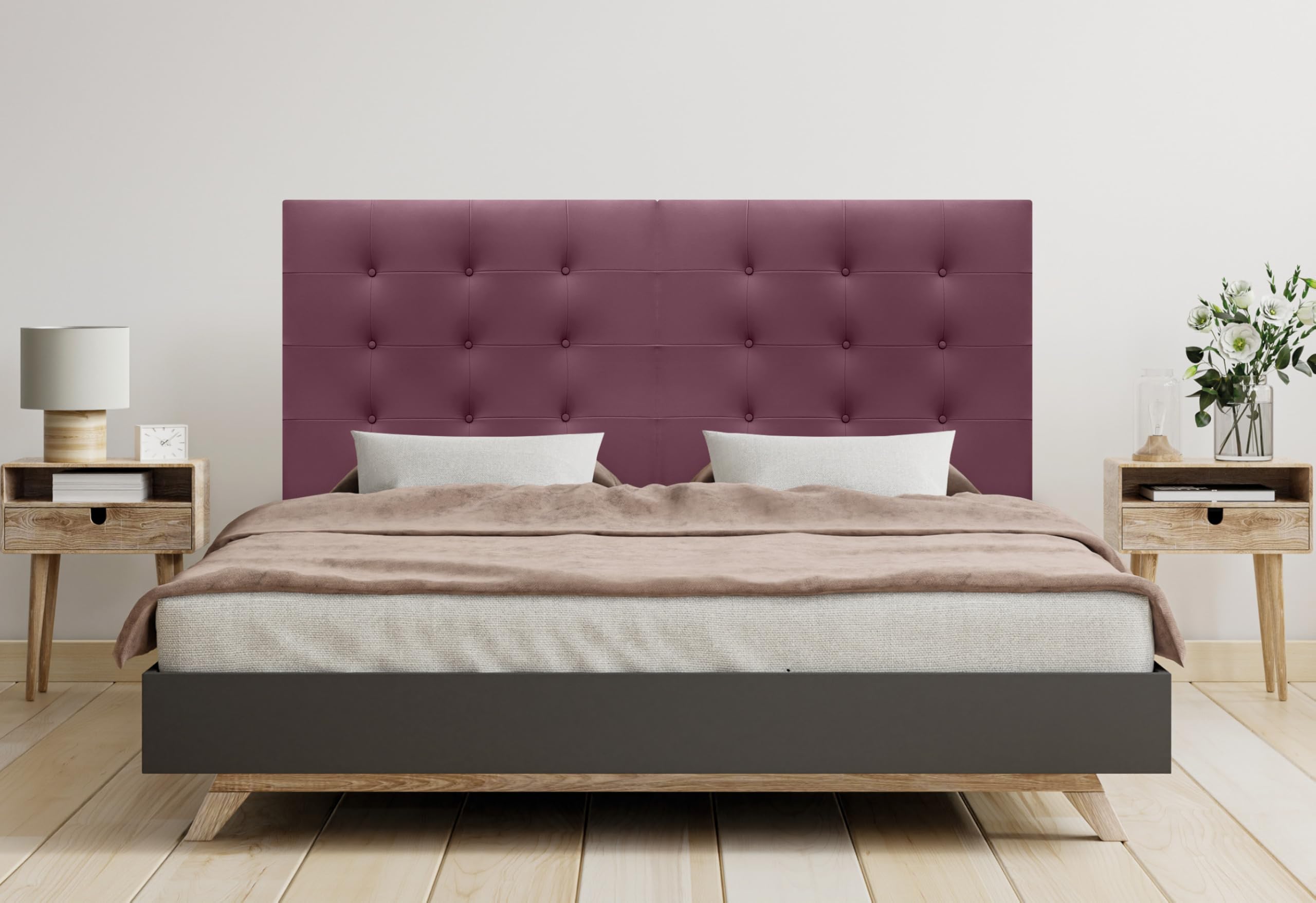 DHOME Cabecero Tapizado Capitoné Suelo 2 hileras Amplio de Polipiel para Cama Matrimonio Cabezal Dormitorio (Vino Tinto, 220cm Dual)