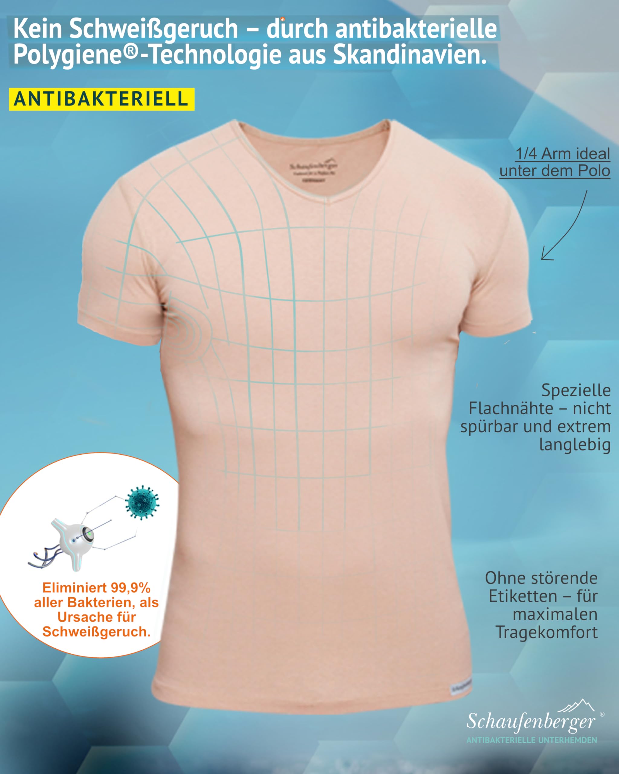 UNSICHTBAR & ANTIBAKTERIELL Geruchsneutrales 1/4 Arm Premium Unterhemd