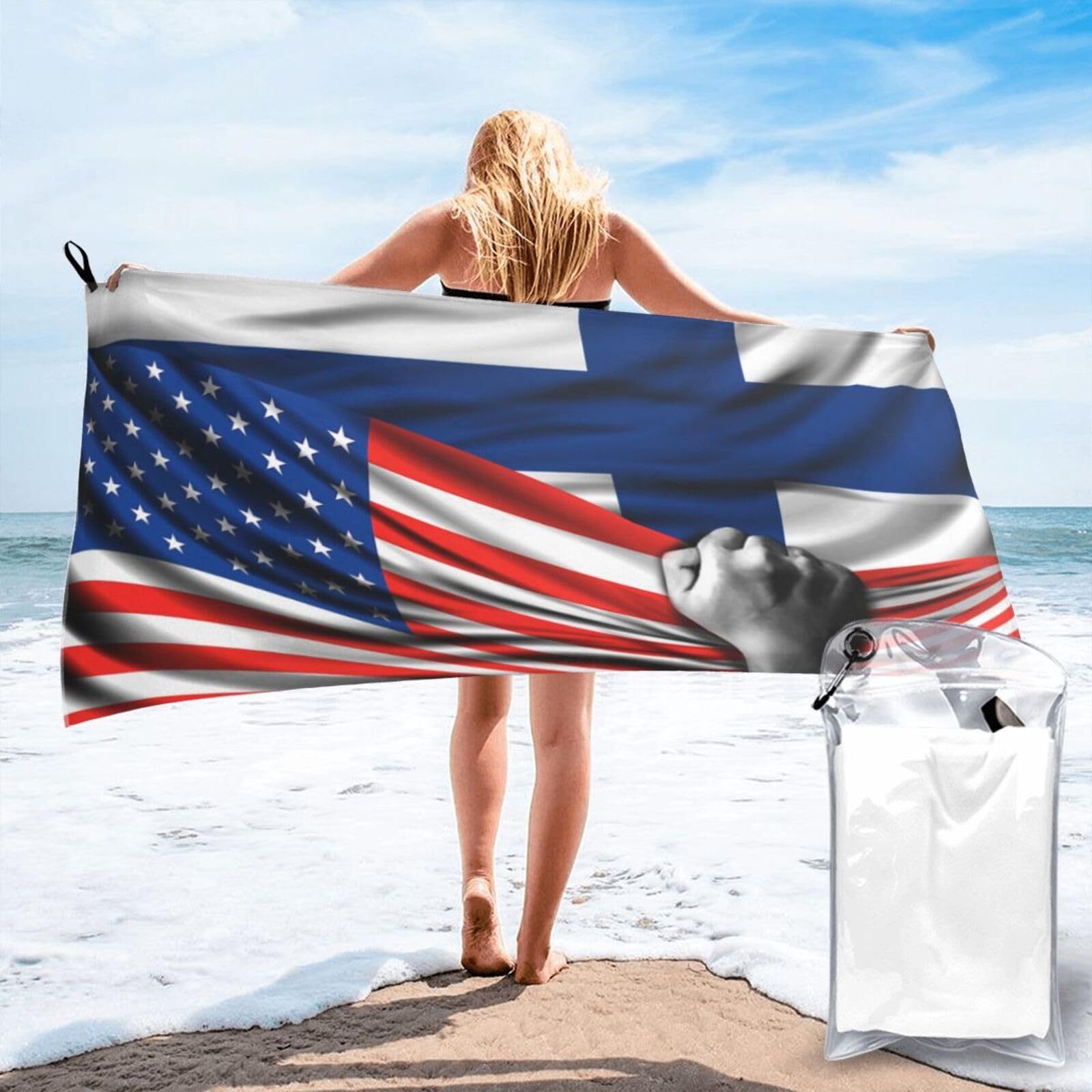 HACXZ Beach Towel America Flag and Finland Finnish Flag Microfiber Beach Towel Lightweight Absorbent 31.5"X63"