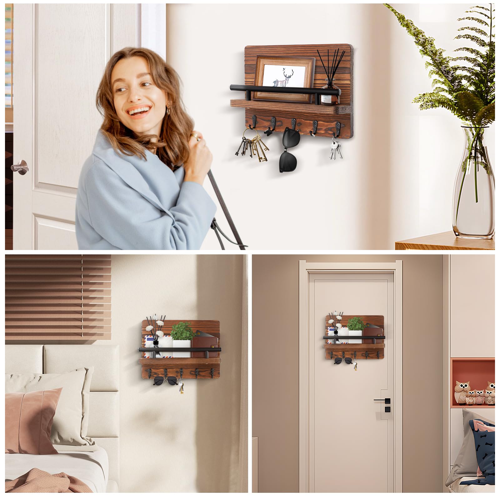 Portachiavi da Parete in Legno, Appendere Chiavi a Muro con 5 Ganci, Portalettere con Ripiano, Moderno, per Organizzare Posta e Riviste, Portachiavi a Parete Moderno Per la Casa