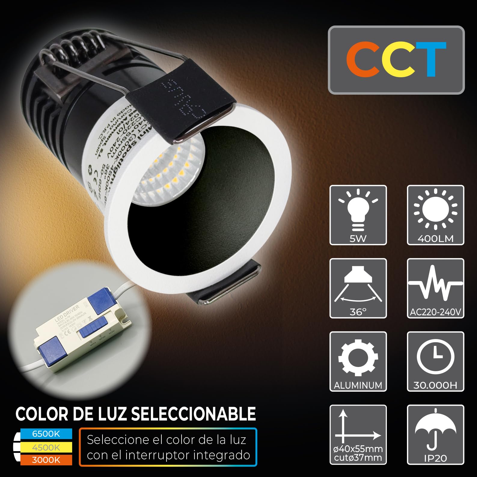 LED ATOMANT 8x Mini LED Einbaustrahler Ausschnitt 37mm 5W CCT 3000-6500K | Durchmesser 40mm, Mit CCT-Farbtemperaturwahlschalter, 400 Lumen, Schutzart IP20