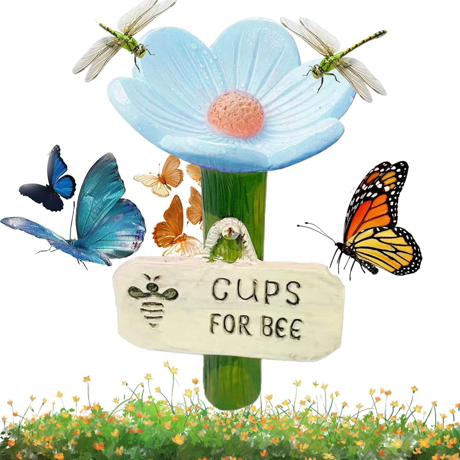 Flower-Shaped Bee Watering Station Bees Drinking Cup for Garden Resin Flower Bee Pollinator Feeder Drinking Cup with Stake Base Hummingbird Feeder for Outdoor Courtyard Decor (Blue)