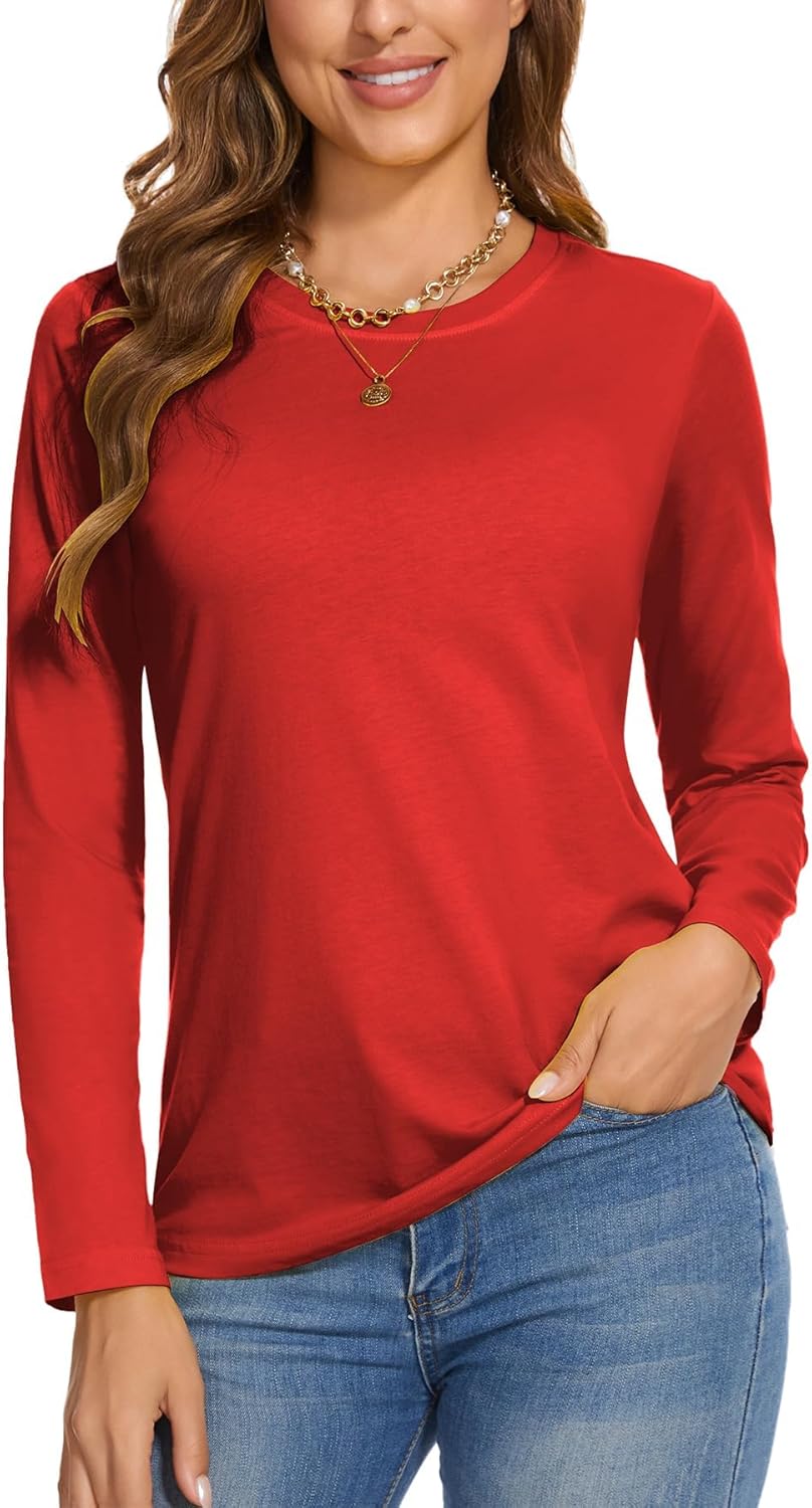 SMENG Women’s Long Sleeve Crewneck Cotton Basic T-Shirt Solid Color Soft Comfy Casual Tops Fall Shirts for Women 2025