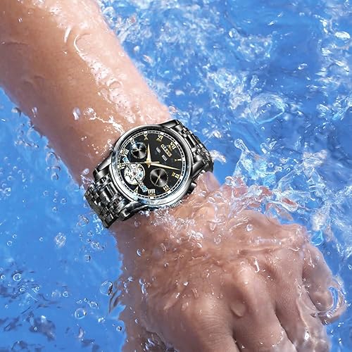 Miniatura 6 de OLEVS Reloj automático para hombre, cuerda automática, mecánica, de lujo, de acero inoxidable, multicalendario, impermeable, luminoso, reloj de