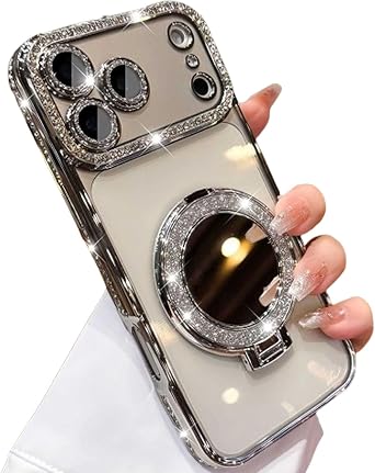 Sparkling Diamond Womens Phone Case with Mirror & Stand for iPhone 13/14/15/16/17 Pro Max, Magnetic Mirror Stand Silver,for 17promax
