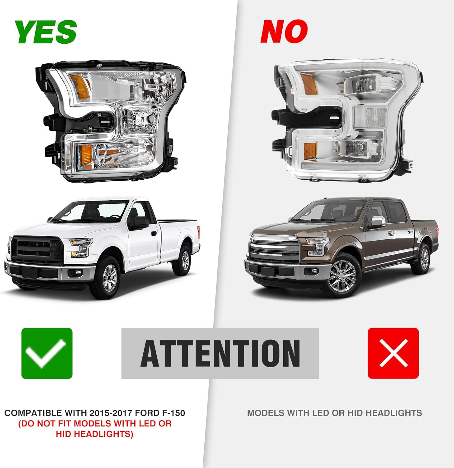 for Ford F150 2015 2016 2017 Headlight Assembly Halogen Lamp Chrome Housing Amber Reflector Driver Side and Passenger Side (Does not fit Models Equipped with LED or HID Headlights)（W/O Bulbs）