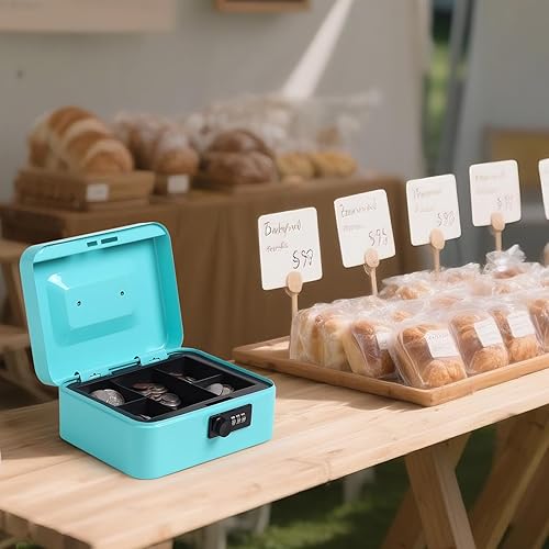 Miniatura 6 de Jssmst Caja mediana con cerradura de combinación, caja de metal duradera con bandeja para dinero, azul claro, 7.87 x 6.3 x 3.35 pulgadas