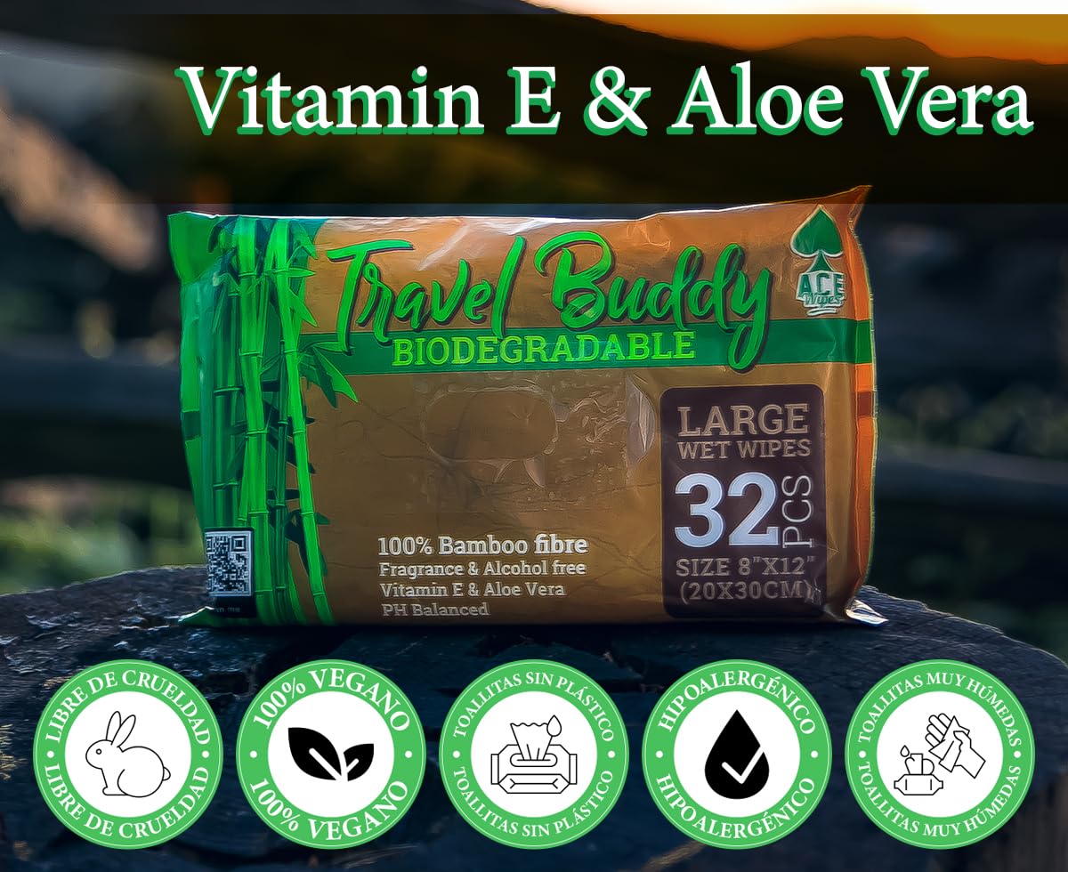 Ace Wipes Travel Buddy - Toallitas húmedas de bambú, Grandes y biodegradables, Acampar, Viajar, IR de Vacaciones, Llevar a Festivales 32 toallitas en un Paquete