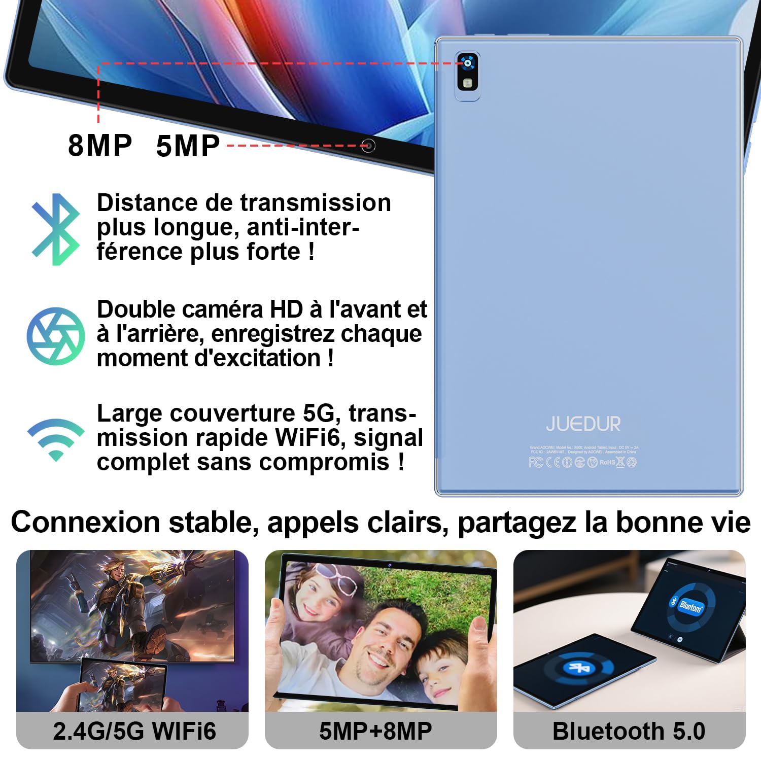 Tablette 10 Pouces Android 15, 22Go RAM + 128Go ROM (1To TF), Octa-Core, 8000mAh, Widevine L1, WiFi-6, Face ID, GPS, BT 5.0, Corps métallique, Tablette Tactile avec Clavier + étui de protection, Bleu