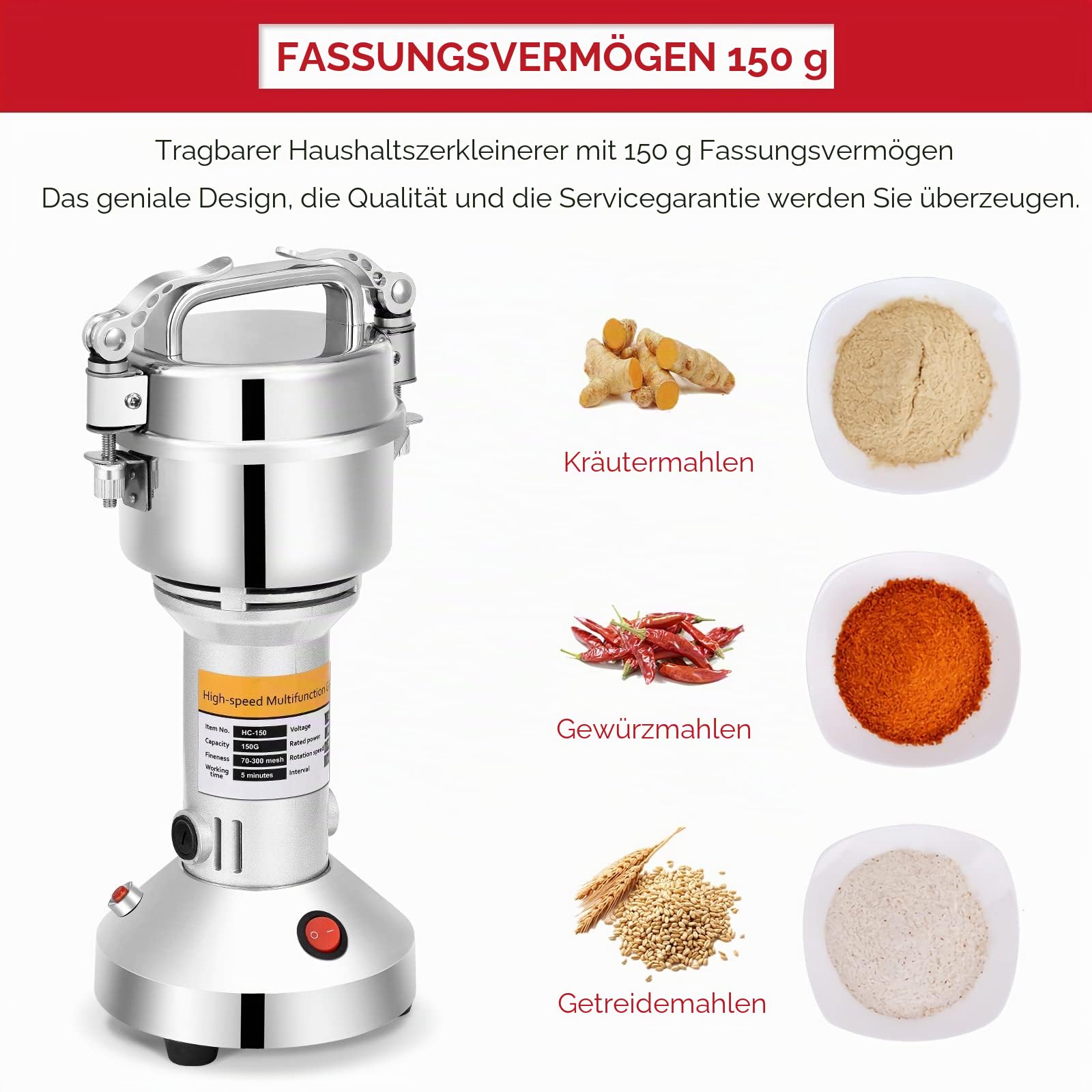 150g Tragbare Getreidemühle 220 V Hochgeschwindigkeits Schleifmaschine Mehl Pulver Maschine für Kräuter/Gewürze/Nüsse/Getreide mit Überlastschutz