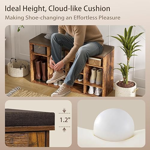 Miniatura 104 de DINZI LVJ Banco organizador de zapatos con cojín, zapatero de 9 cubos y estantes ajustables, multifuncional, para salas de estar, dormitorio, Gris