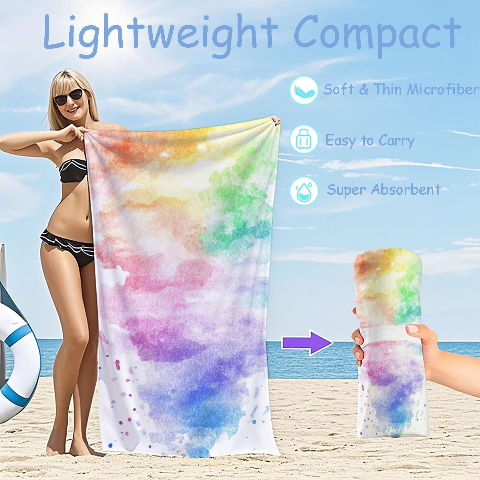 Ręczniki plażowe z mikrofibry, kolorowy, duży ręcznik plażowy dla dorosłych, 220 x 100 cm, 2 sztuki, kompaktowy, cienki, szybkoschnący, lekkie ręczniki do pływania na basen, do jogi, prezenty