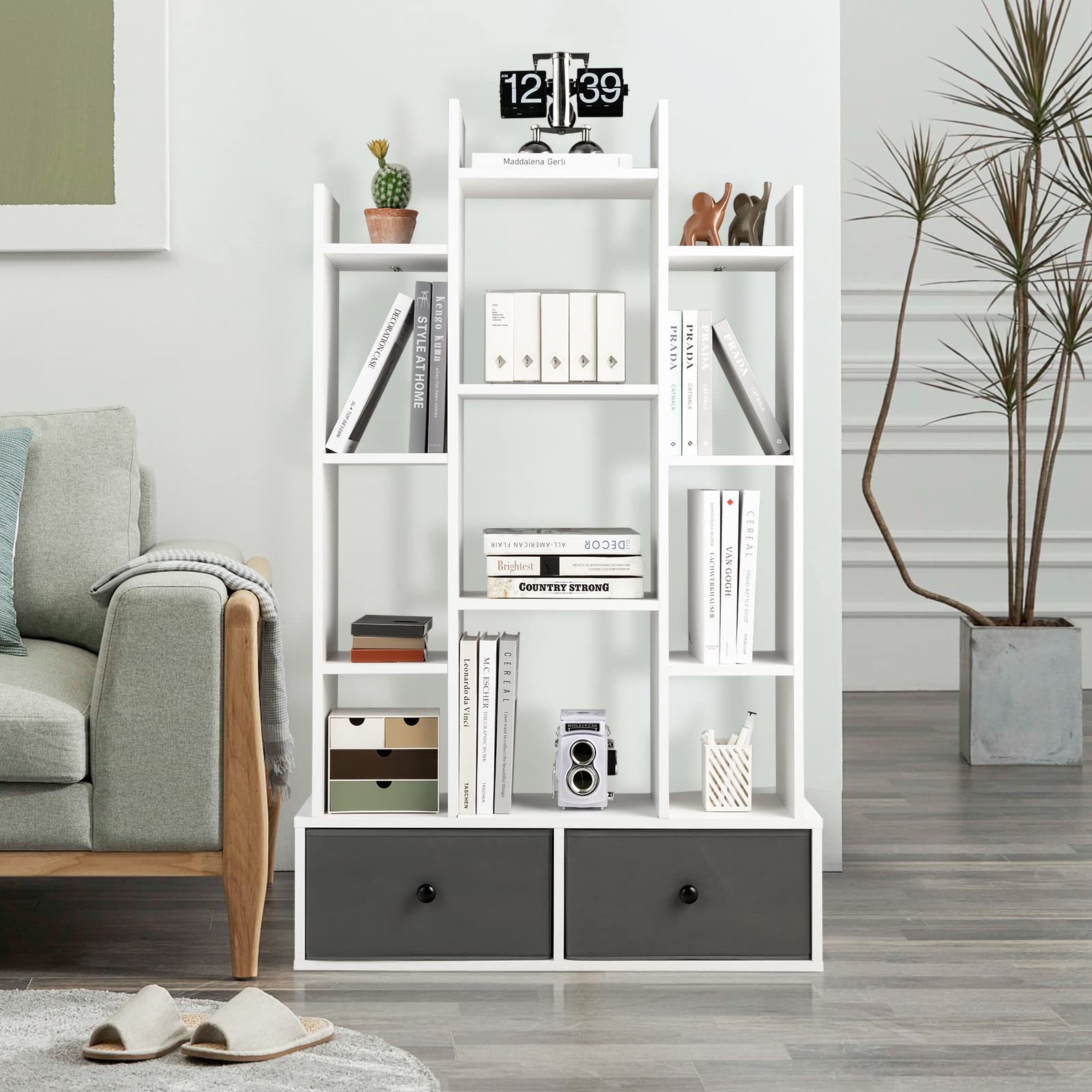 COSTWAY Estantería Librería de 12 Niveles con Cajón, Estabtería de Madera con 12 Compartimentos, Estudio, Sala de Estar, Dormitorio, 80 x 24 x 132cm (Blanco)