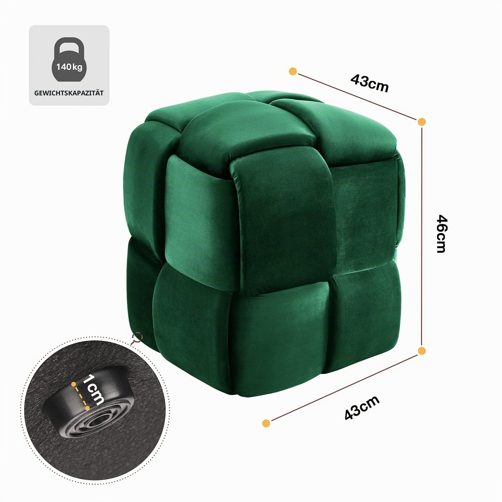 Vesgantti Sitzhocker, Ottomanischer Fußhoker aus Samt, Moderne Sitztruhe für Wohnzimmer, Schlafzimmer, Eingangsbereich, 43 x 43 x 46 cm, Max. Belastbarkeit 140 kg, KIVIK Serie