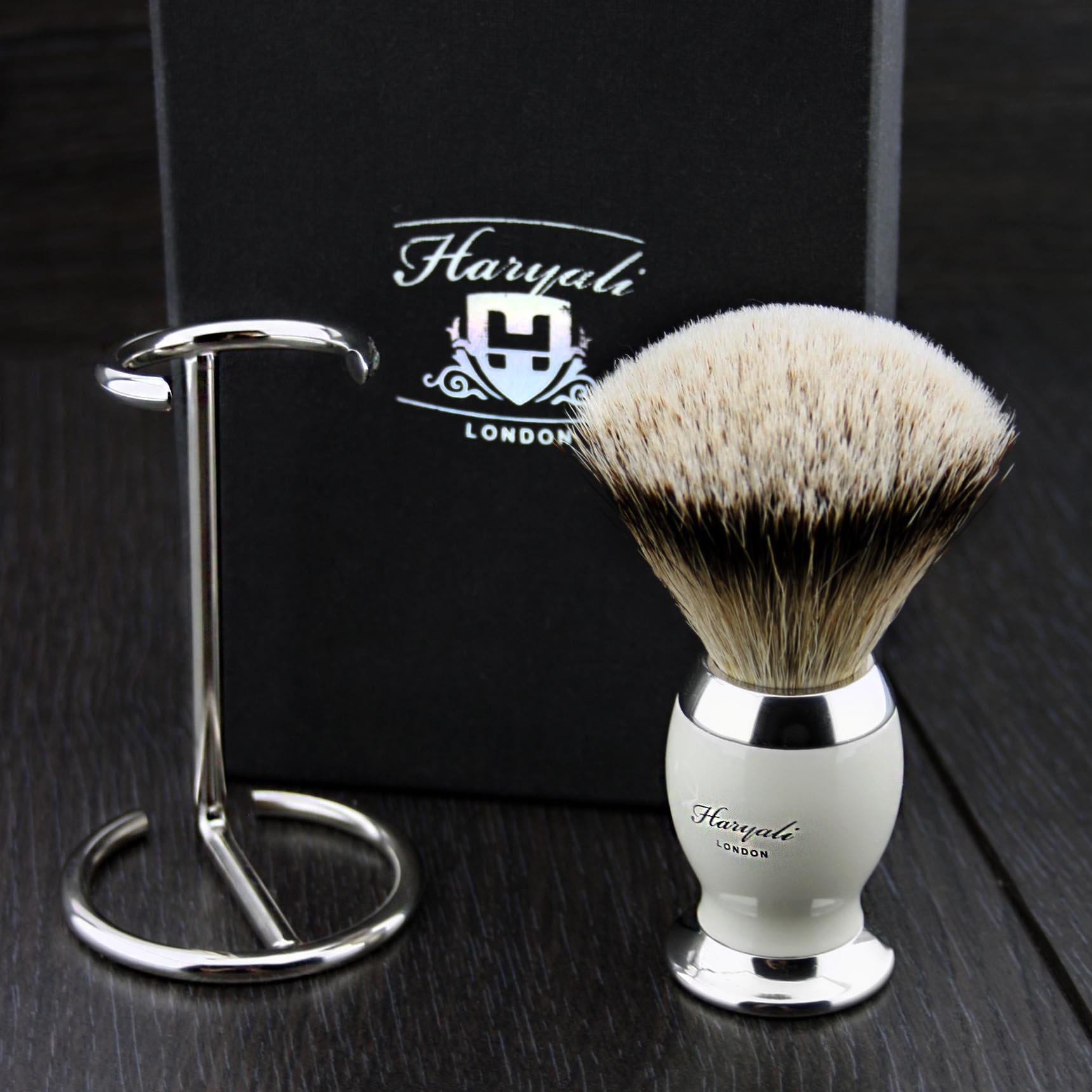 Badger White Hair Men's Shaving Brush in Black & Metal Colour Base Along with Stand