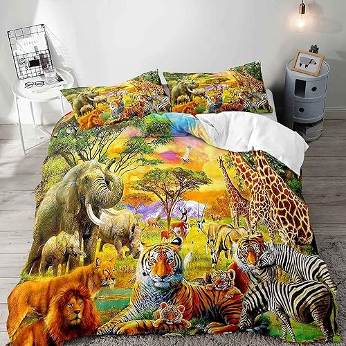VIVIHOME - Funda de edredón de 3 piezas con diseño de animales de safari, tamaño matrimonial, ropa de cama para niños y niños, animales de la selva,