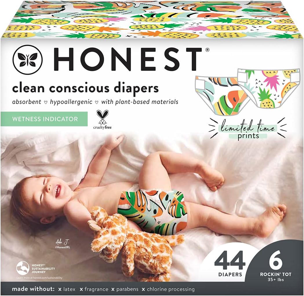 The Honest Company, Club Box, Clean Conscious, Summer Seasonal - Fruity Patootie + Lil Monstera, Size 6, 44 Count (Packaging + Print May Vary)