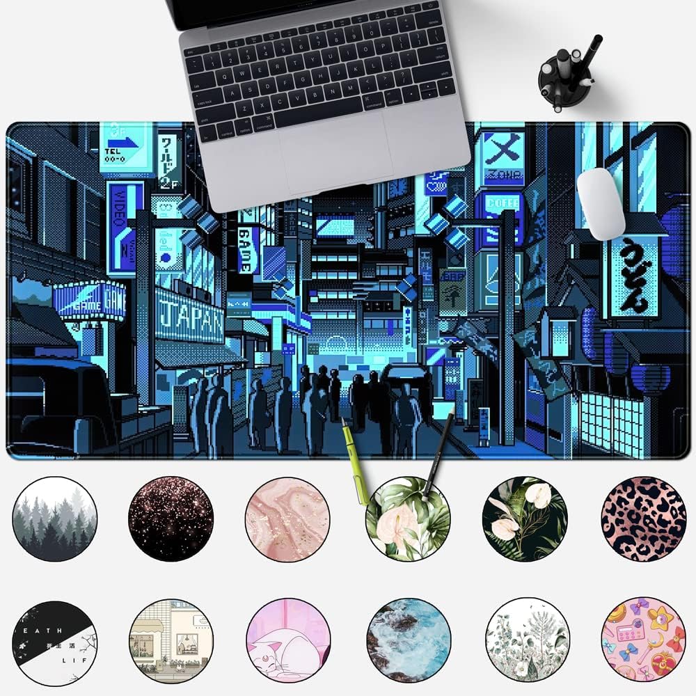 Japanese Gaming Arcade Blue Large Gaming Mouse Pad Keyboard Desk Pad Extended Mouse Pad Gaming Office Decor, Pc Laptop Mouse Pads Large (31.5x15.7 in) with Stitched Eges Non-Slip Base Mousepad XXL image 2