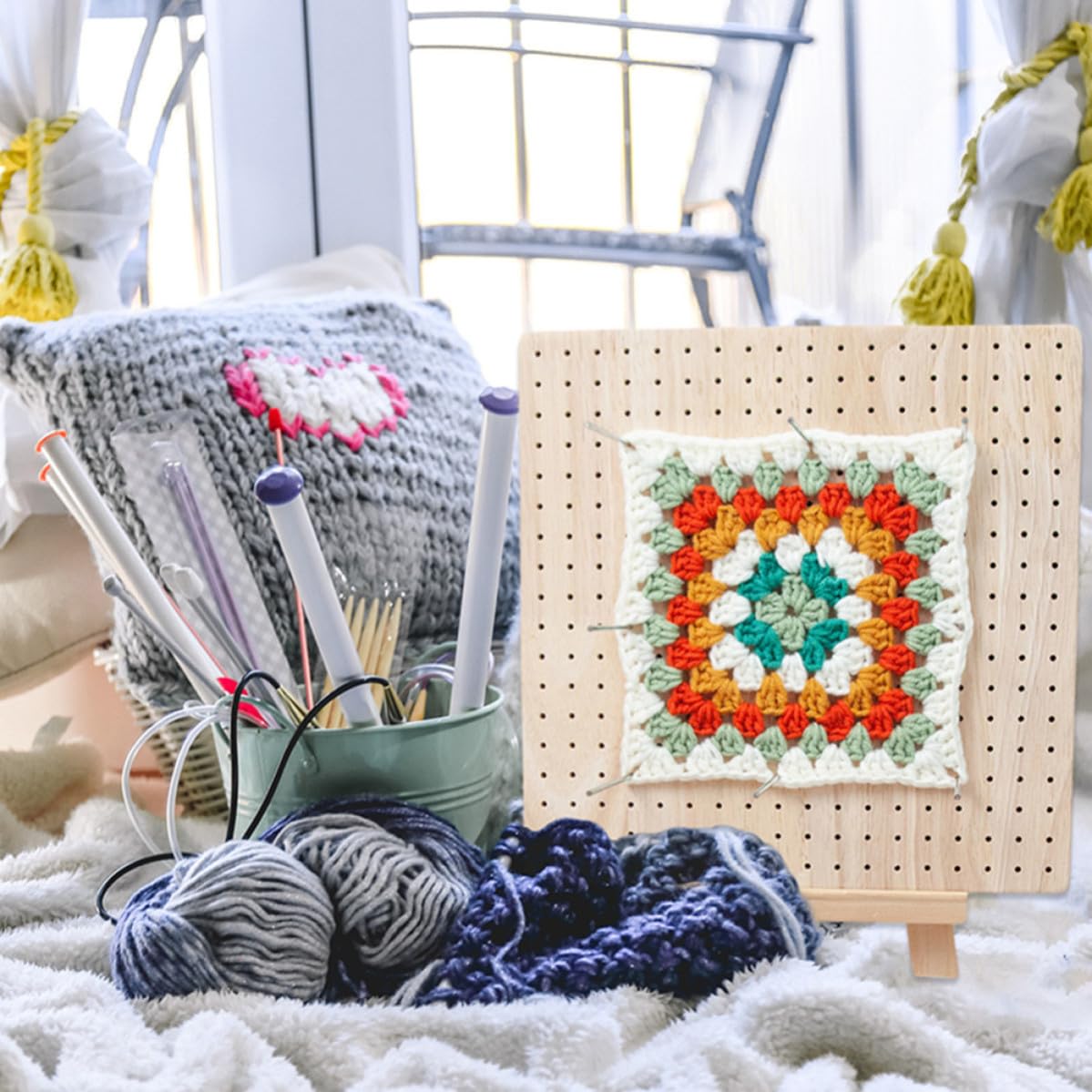 TOYANDONA Tabla de Crochet Tablero de Bloqueo para Tejer de Madera y Acero Inoxidable, Cuadrada, Color Caqui, Agujas Posicionales, para Amantes del Crochet y Tejido Manual