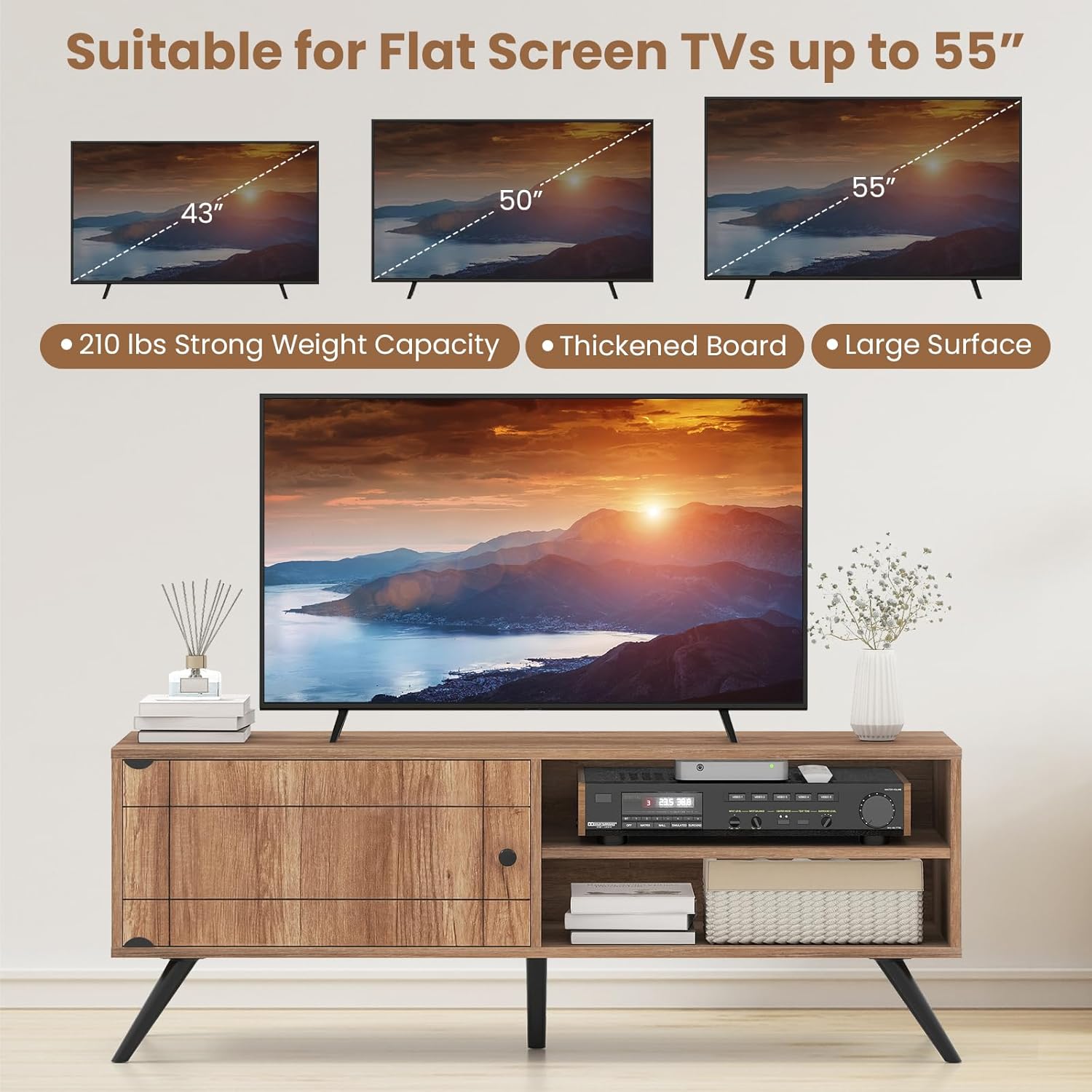 Tangkula TV Stand for TVs up to 55”, Mid Century Modern Entertainment Center with Storage Cabinet & 2 Open Shelves, Media Console Table with Cable Hole & Raised Legs for Living Room (Oak, 48”L)