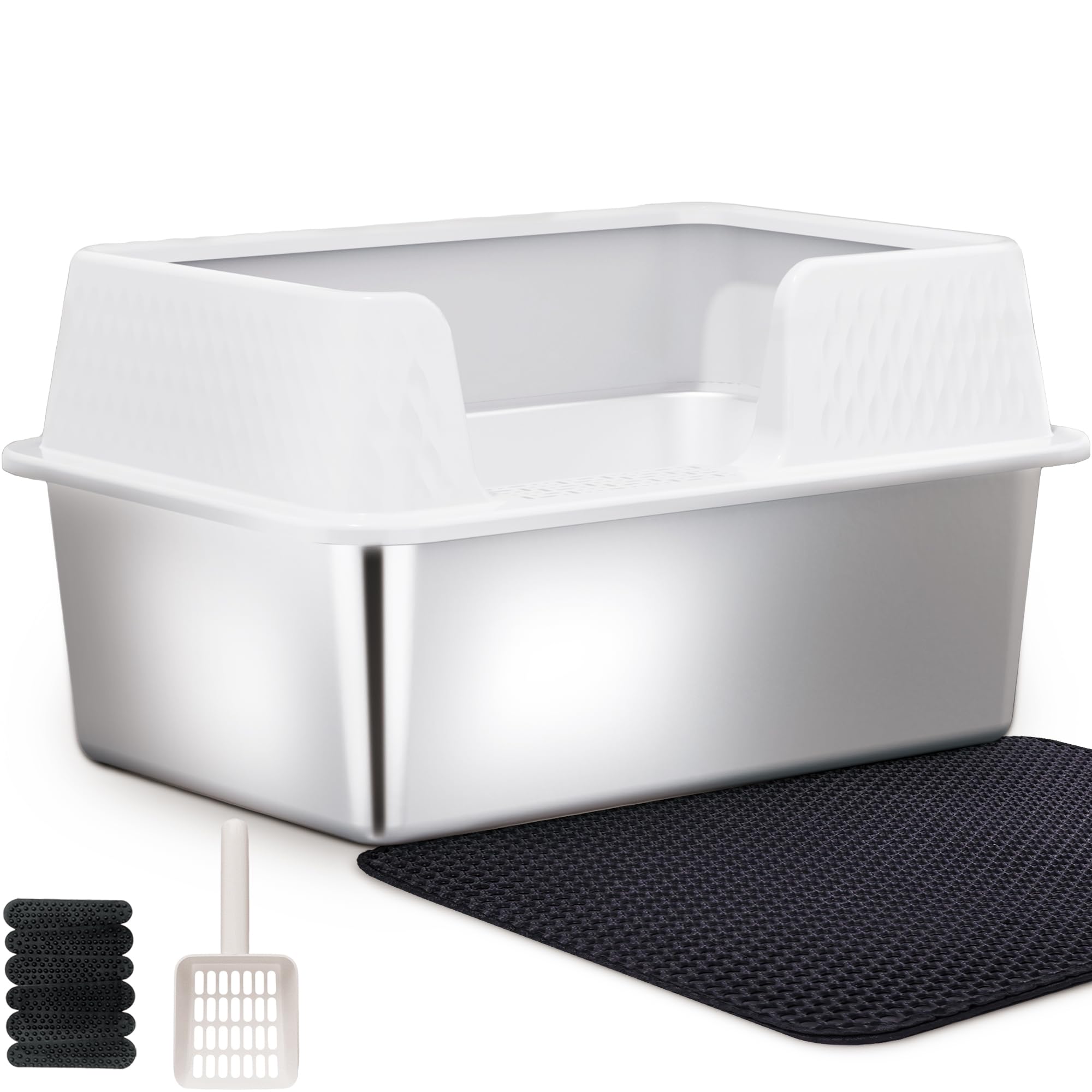 Vealind Stainless Steel Litter Box Metal Cat Litter Tray Heavy Duty, High Sided Cat Litter Tray with Detachable Rim Enclosure Sturdy Durable Large Kitty Litter Pan