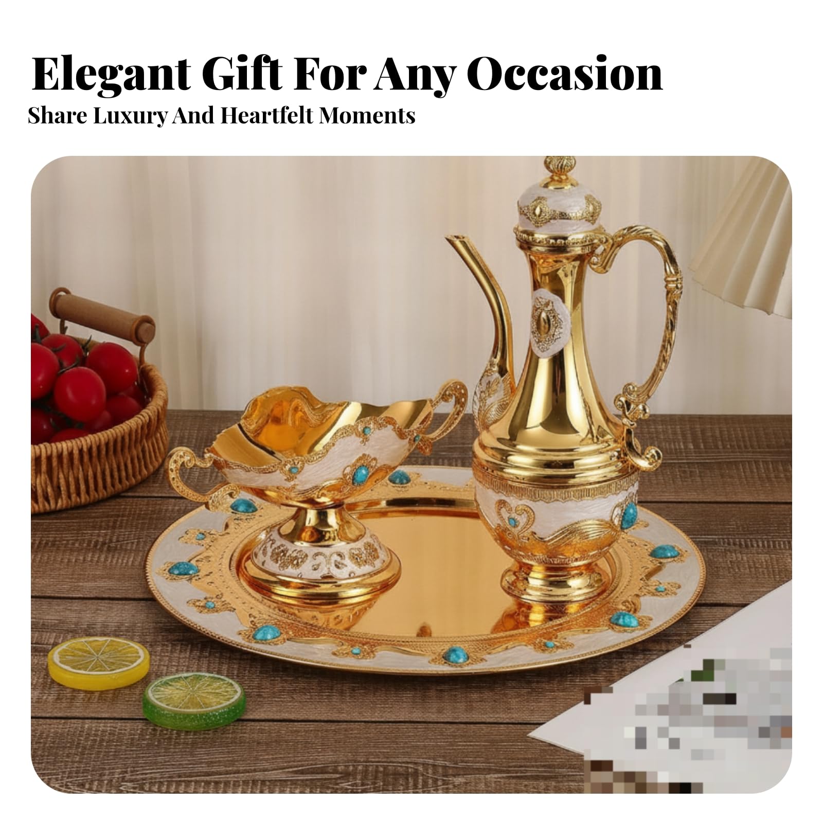 Jarra Tapada Centro Espejado Set Ornamental Estilo Tradicional Bandeja Redonda para Servir Bebidas, Dorado Y Azul