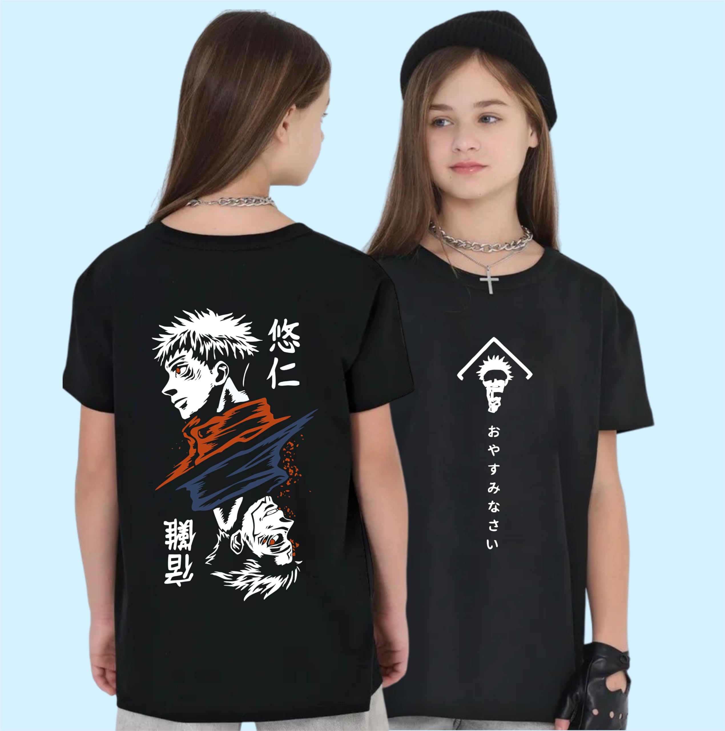 Uniplanet Store® Camiseta negra de mezcla de algodón con media manga, ajuste regular, estampado de anime Jujutsu, para niñas