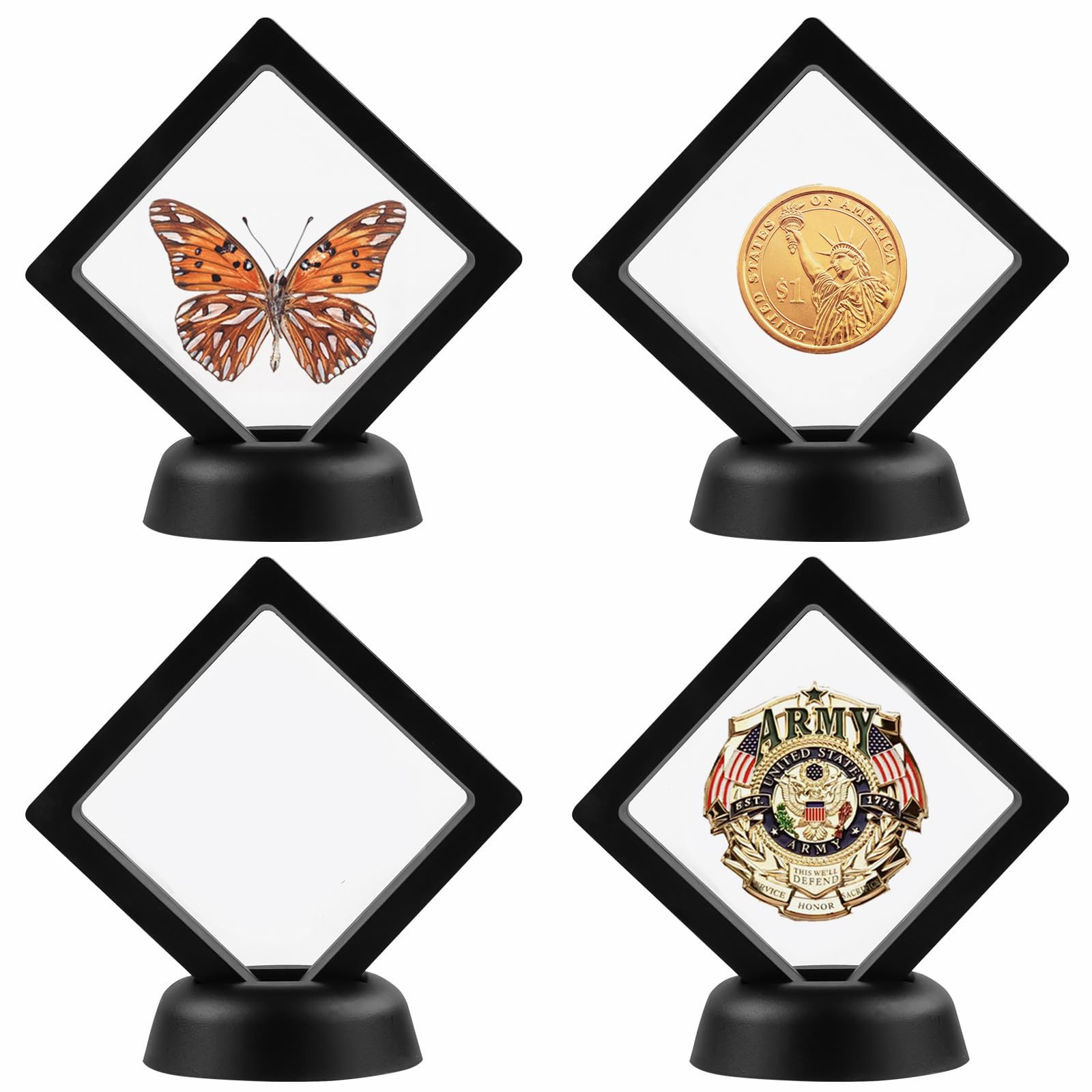 4Pcs Challenge Coin Holder, 3D Floating Frame Display Case with Stand for AA Coin Medallion Military Medal Specimen Jewelry, 2.75x2.75 inches