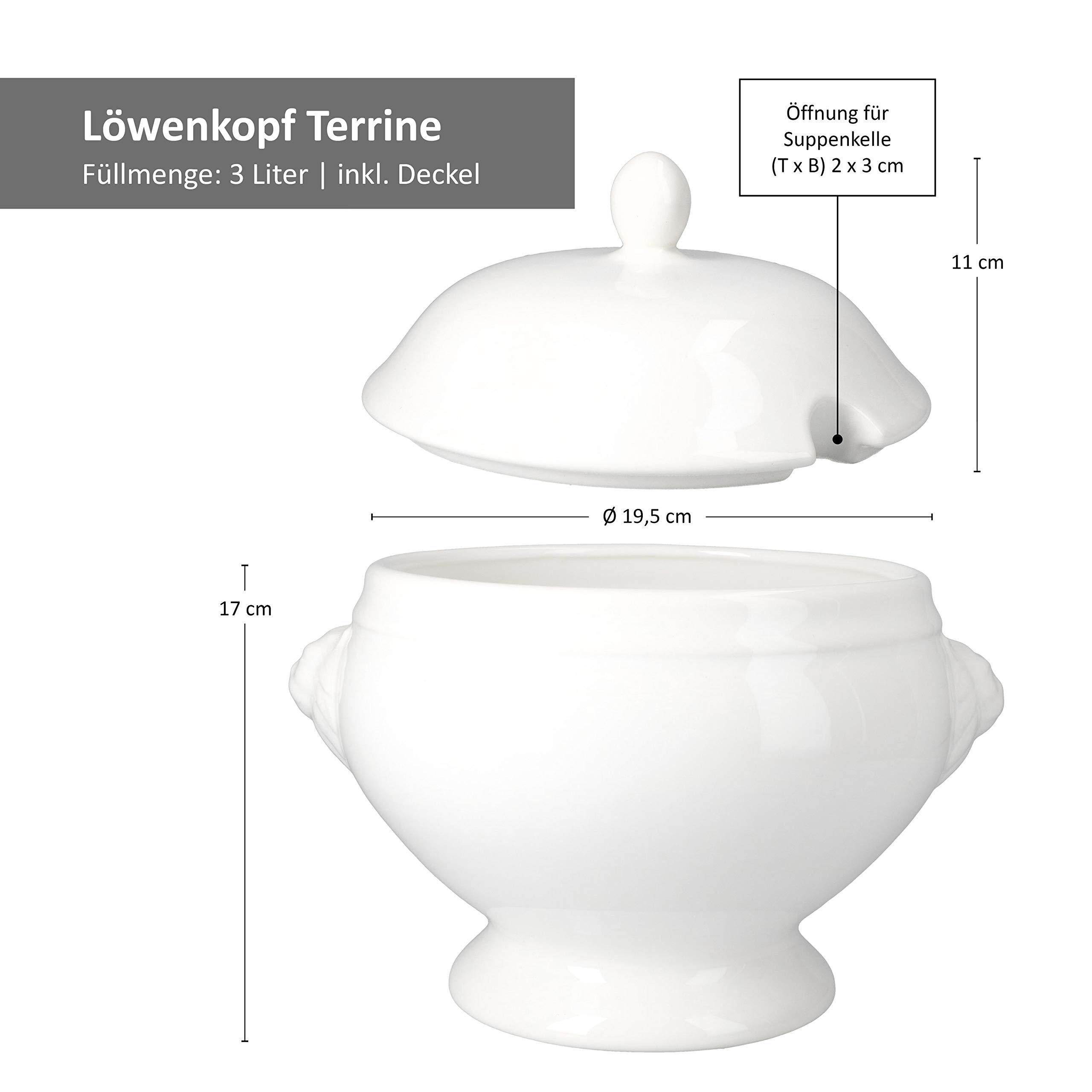 MamboCat Leo - Set di 7 tazze da zuppa con coperchio da 3 l + 6 tazze piccole da 0,45 l, set reale di ciotole da zuppa con testa di leone, in gres bianco