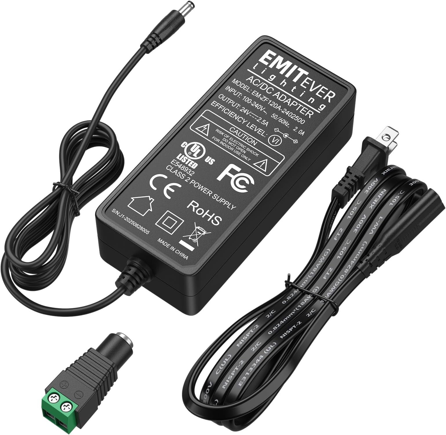 EMITEVER 24V Power Supply, 60W LED Power Adapter UL-Listed, 100-240V AC to 24V DC 2.5A Converter Lighting Transformers for LED Strip Lights,CCTV Cameras