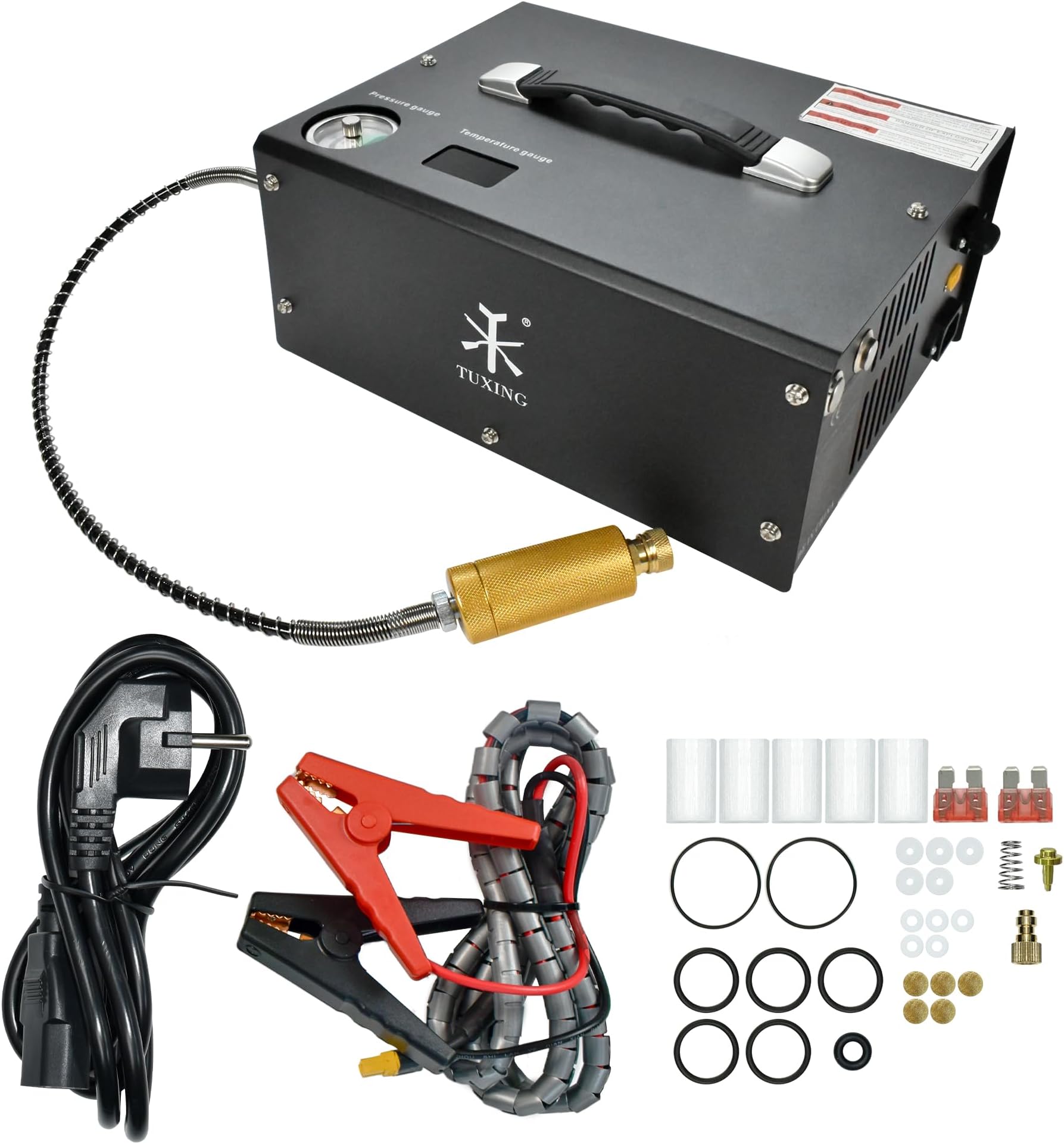 TUXING Portable PCP Air Compressor, 4500Psi/30Mpa, Auto Stop,Oil-Free,Built-in Converter Powered by Car 12V DC or Home 110V AC,Paintball Tank Compressor with Extra Moisture-Oil Separator