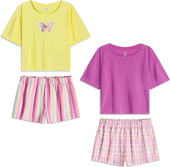 US Angels Girls Pajamas Sets- 4-Piece Cute Short Sleeve & Shorts PJ Set, Pink Girls Sleepwear, Kids Pajamas Sizes 5-16