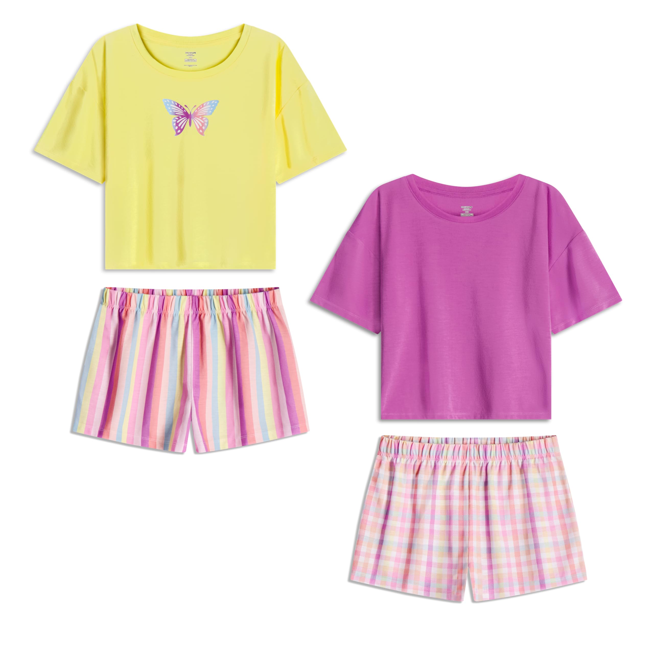 US Angels Girls Pajamas Sets- 4-Piece Cute Short Sleeve & Shorts PJ Set, Pink Girls’ Sleepwear, Kids Pajamas Sizes 5-16