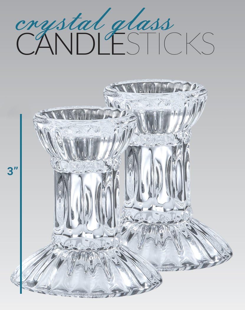 Ner Mitzvah Crystal Candle Holder Set of 2 - Crystal Glass 3" Tall Candlestick Holders for Taper Candles