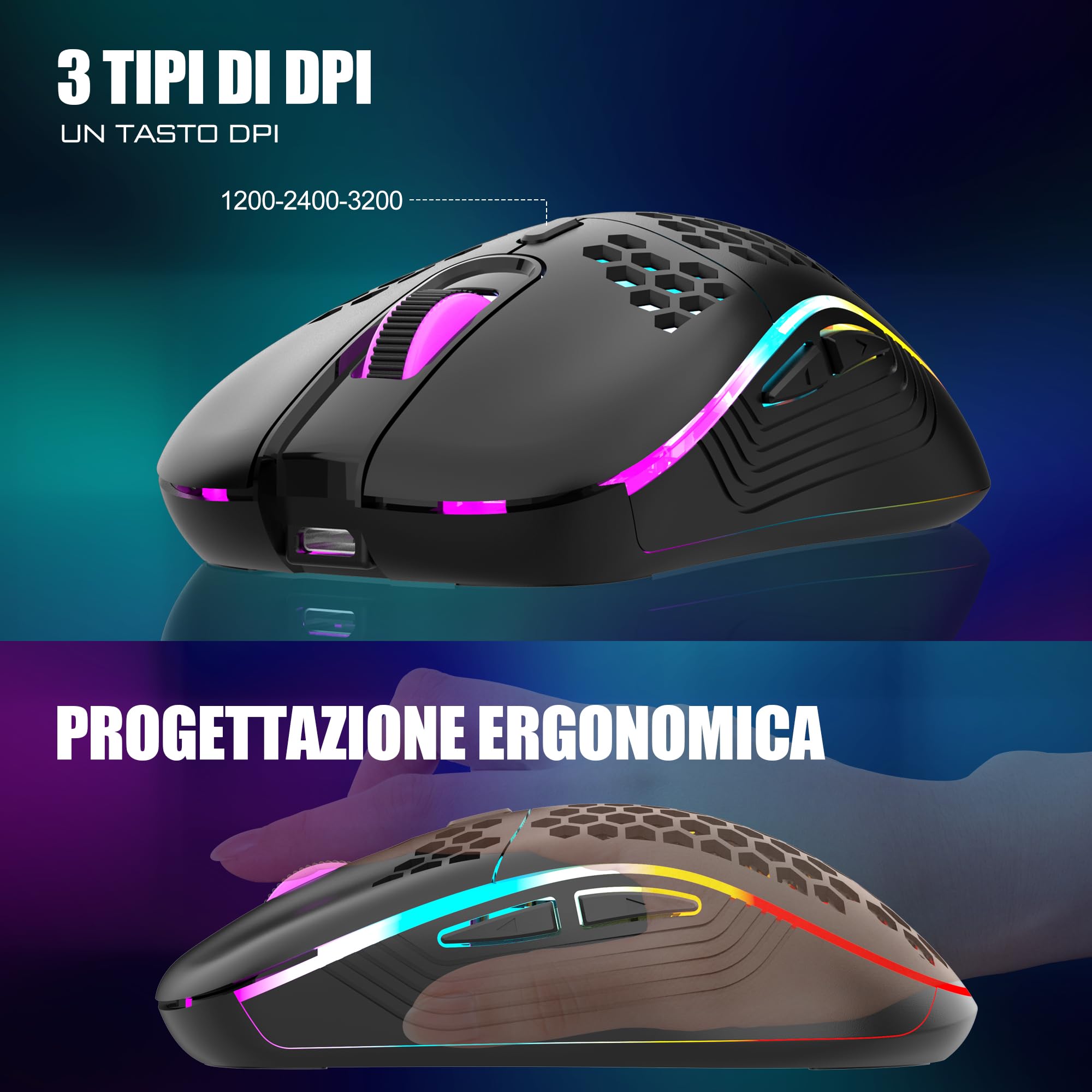 RedThunder 60% Tastiera da Gioco Meccanica Senza Fili, Retroilluminazione Dinamica RGB, Mouse a Nido D'ape Leggero da 3200 DPI, Tastiera Ultracompatta, 62 Tasti Antiriflesso, Layout IT per PC/PS5-Nero