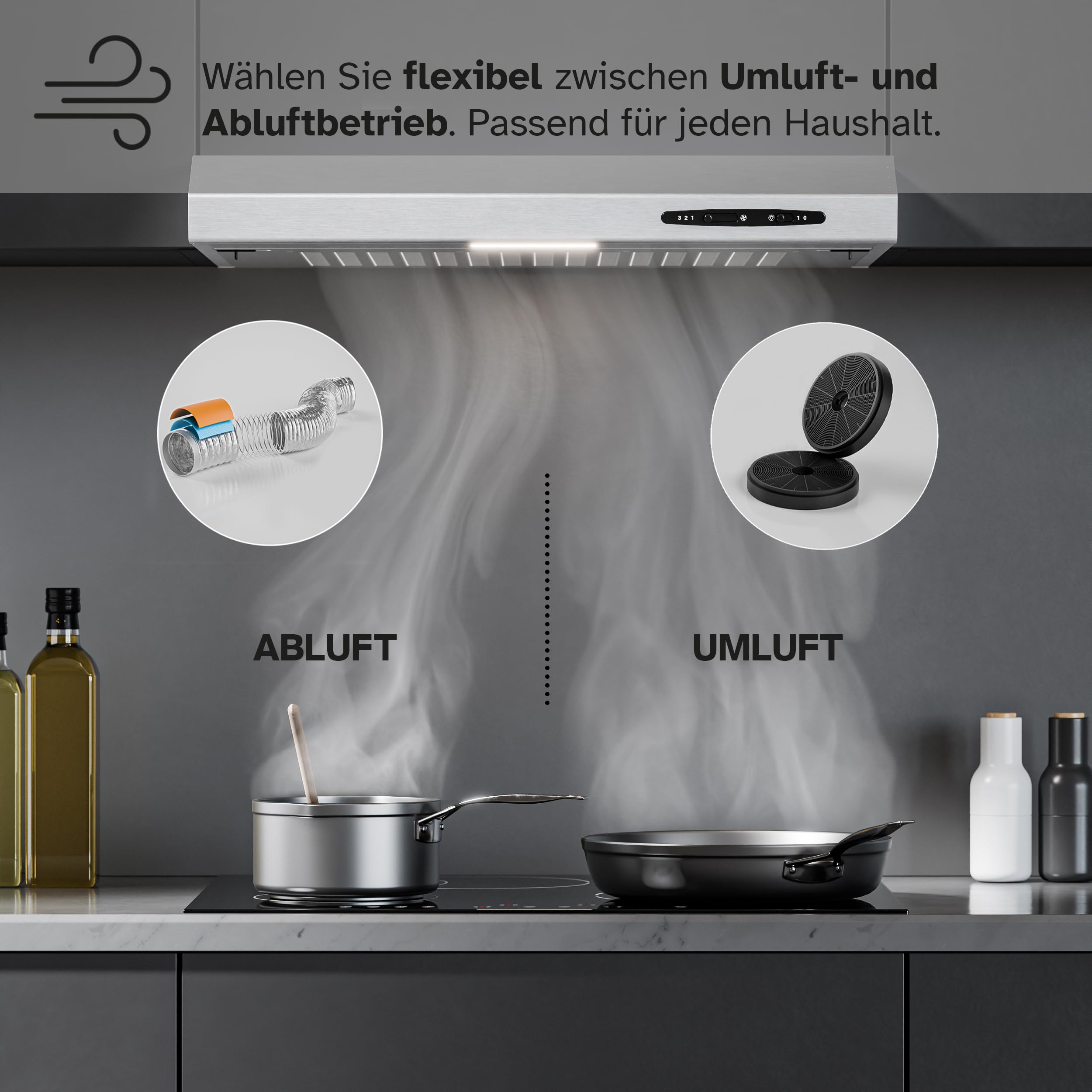 HEINRICHS Dunstabzugshaube 60cm Unterbauhaube Abluft/Umluft 212m³/h LED 3 Stufen Kohlefilter 87W Edelstahl