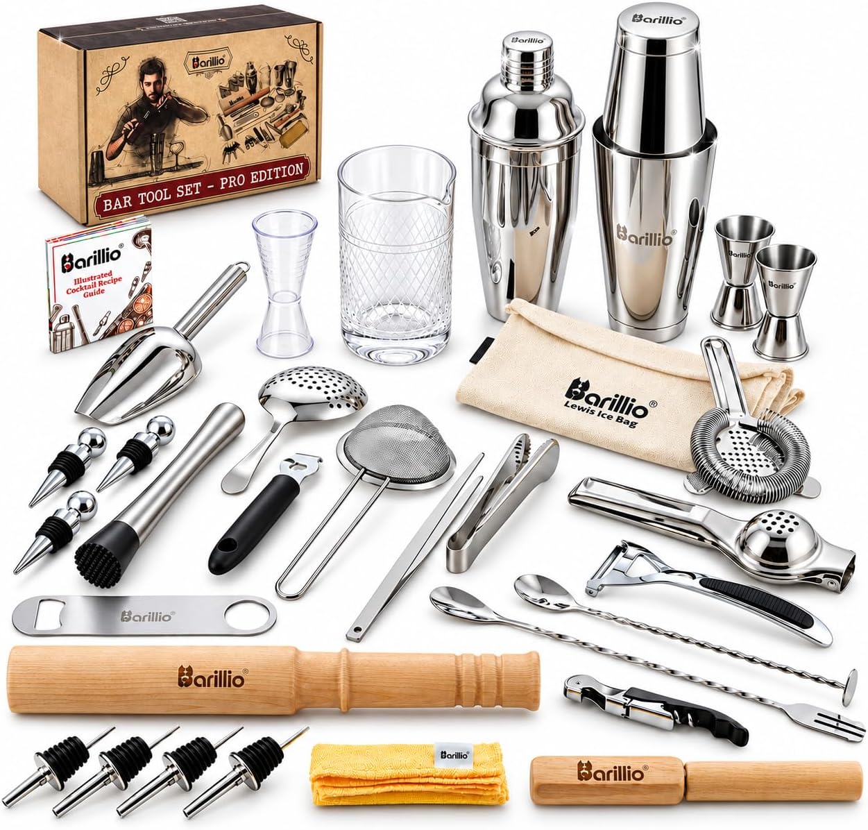 Barillio Bar Tool Set Pro Edition - Stainless-Steel Cocktail Shaker Set - Mixology Bartender Kit w/Boston Shaker, Drink Mixer & Muddler for Cocktails - Home Bar Accessories - 32-Pc Bar kit
