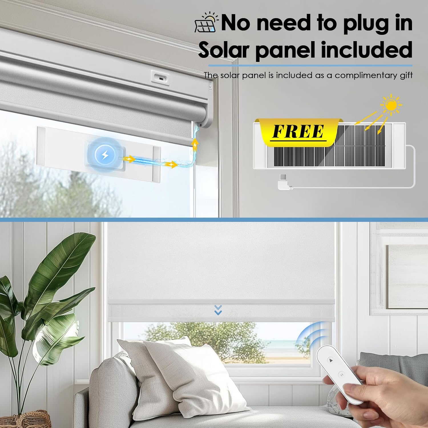 Smart Motorized Blackout Roller Blinds with Remote & Solar Panel, Cordless Electric Shades, USB-C Rechargeable, Compatible with Alexa via Hub, White, 35½”*W x 72” H