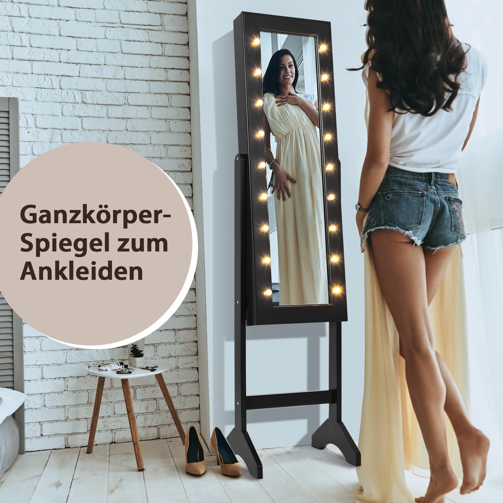 GOPLUS Schmuckschrank mit LED-Beleuchtung, Schmuckregal mit Ganzkörperspiegel & Eingebautem Spiegel, Frei Stehender Spiegelschrank, mit Stauraum für Schmuck & Kosmetika (Schwarz)