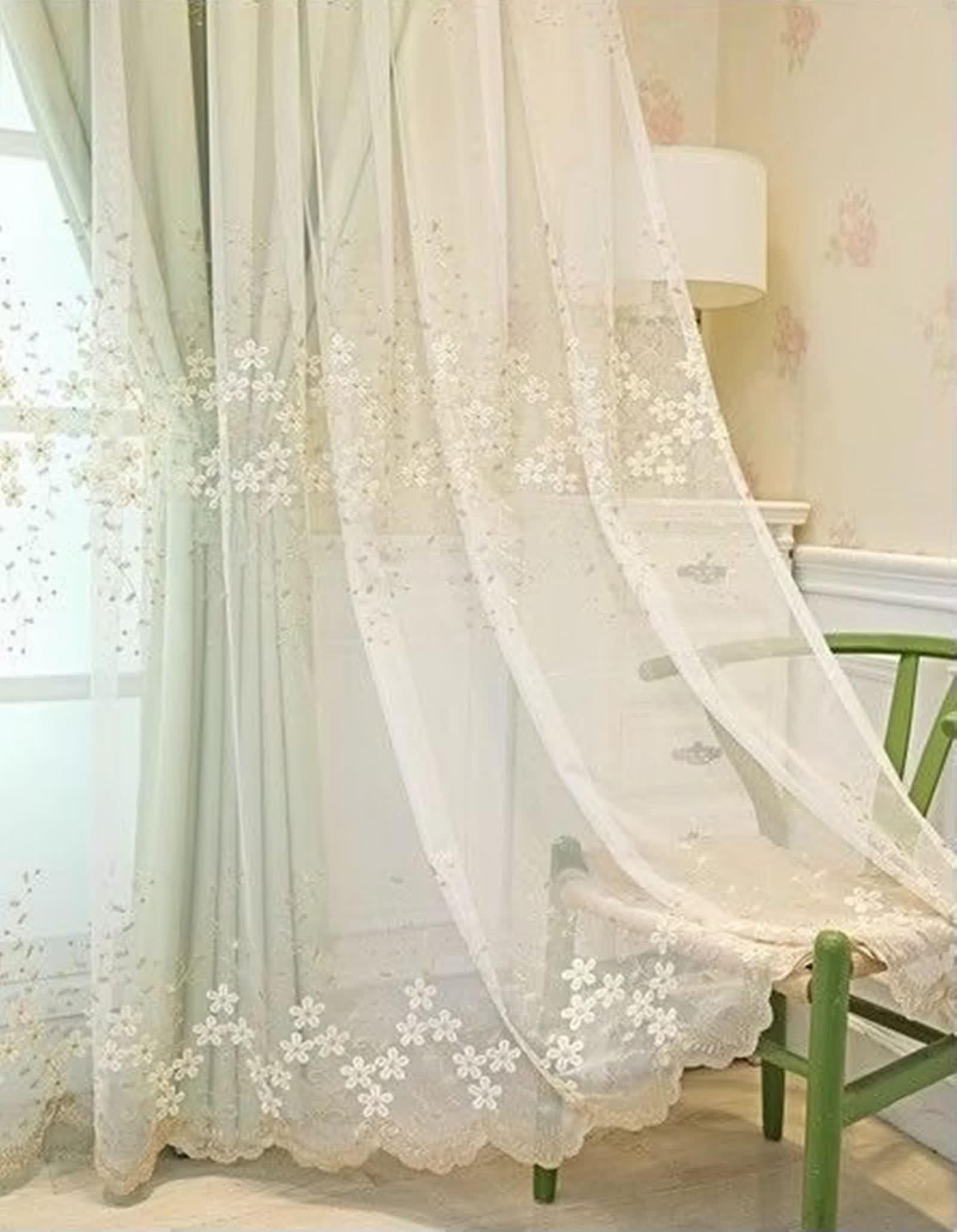 Rideau Fenetre Vert, Occultant Rideaux Fenetre Chambre Lot de 2 Tissu Broderie en Dentelle Double Couche LxH 132x274cm