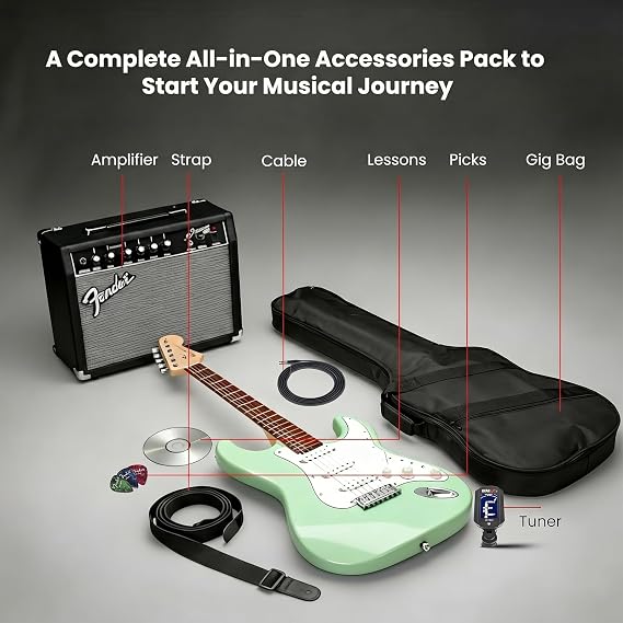 Fender Squier Affinity Stratocaster Limited Edition - Surf Green Bundle with Frontman 10G Amplifier, Gig Bag, Tuner, Instrument Cable, Strap, Picks, and Austin Bazaar Instructional DVD