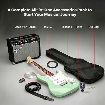 Fender Squier Affinity Stratocaster Limited Edition - Surf Green Bundle with Frontman 10G Amplifier, Gig Bag, Tuner, Instrument Cable, Strap, Picks, and Austin Bazaar Instructional DVD