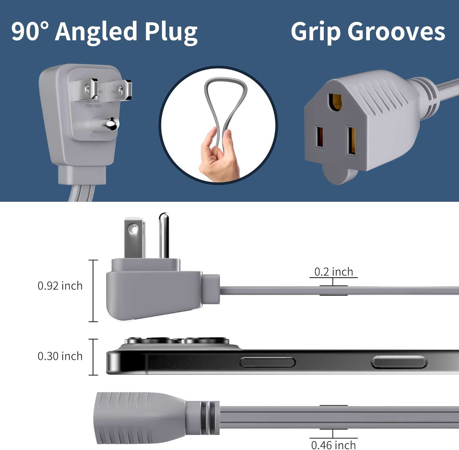 Elecan Appliance Power Extension Cord 4 Ft Gray, 3 Prong Heavy Duty Flat Wire Low Profile Grounded Cable, SPT-3, 14 AWG 15A 125V 1875W for Air Conditioner, Refrigerator & Major AC Units-ETL Listed-4FT - Image 2