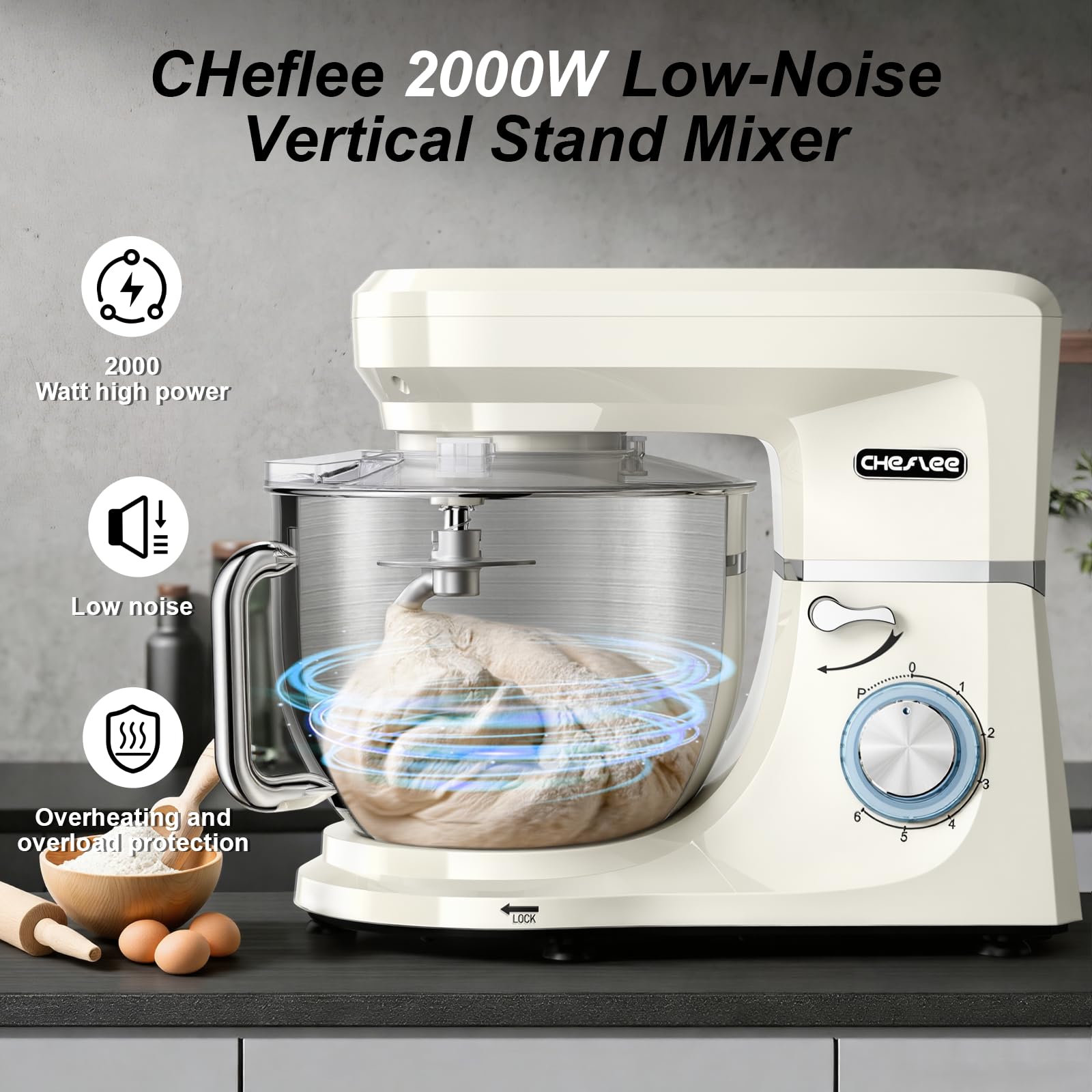 CHeflee Impastatrice Planetaria 2000W Impastatrice Professionale,7,2 L Ciotola in Acciaio inox,6 Velocità,Ad Coperchio Antipolvere con,Sbattitore,Frusta,Gancio Per,Alta Potenza Multifunzione Mixer ﻿