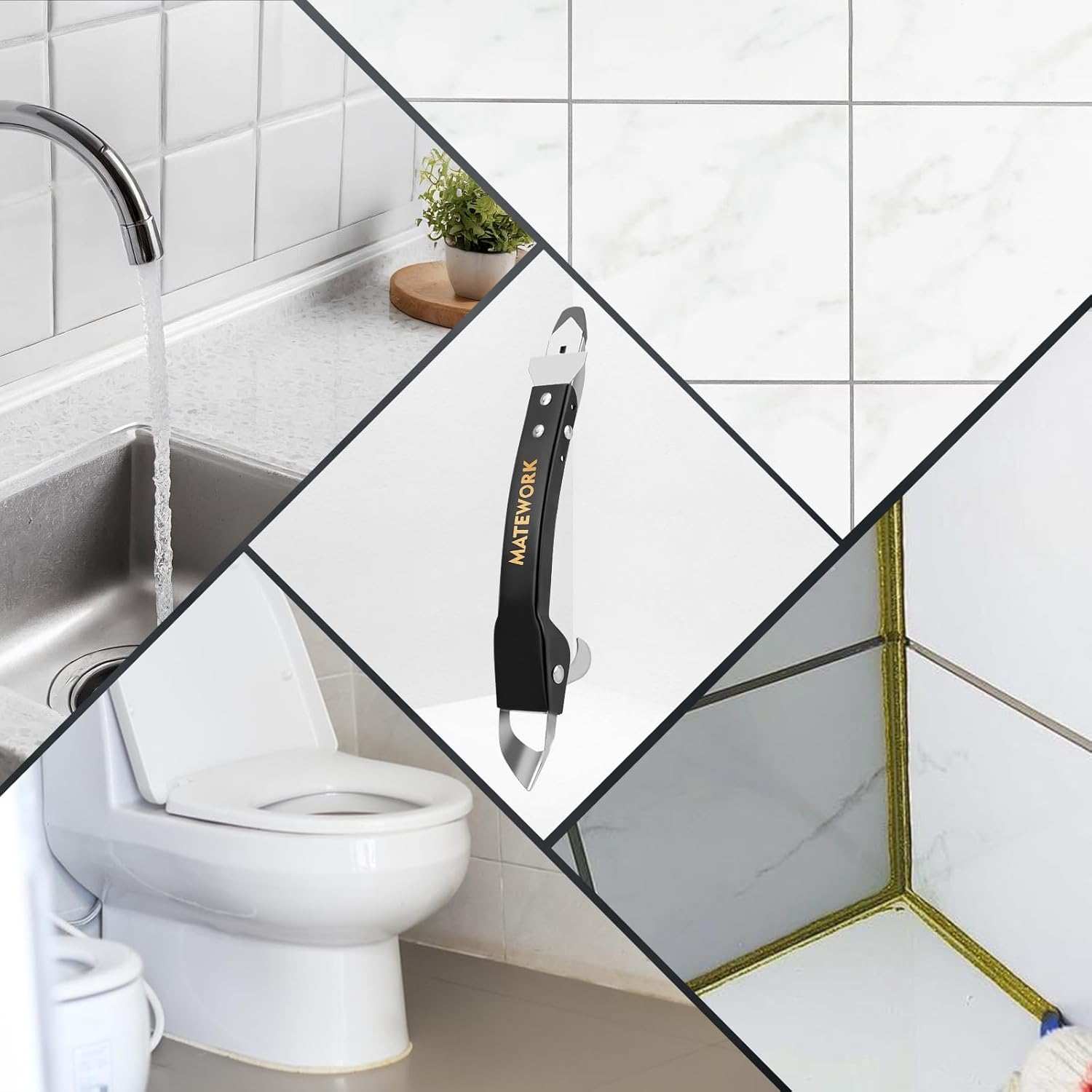 Caulking Tool Kit, Stainless Steel Caulk Remover Tool, 4 in 1 Grout Removal Tool, Sealant Finishing Tool with 5 Silicone Pads, Caulk Removal Tool for Shower Kitchen Bathroom Floor Window Sink, Black