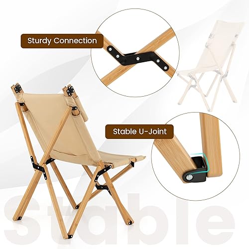 Miniatura 8 de Tangkula Folding Camping Chair, High Back Portable Bamboo Camp Chair with 2-Level Adjustable Backrest, Outdoor Lightweight Canvas Lawn Chair for