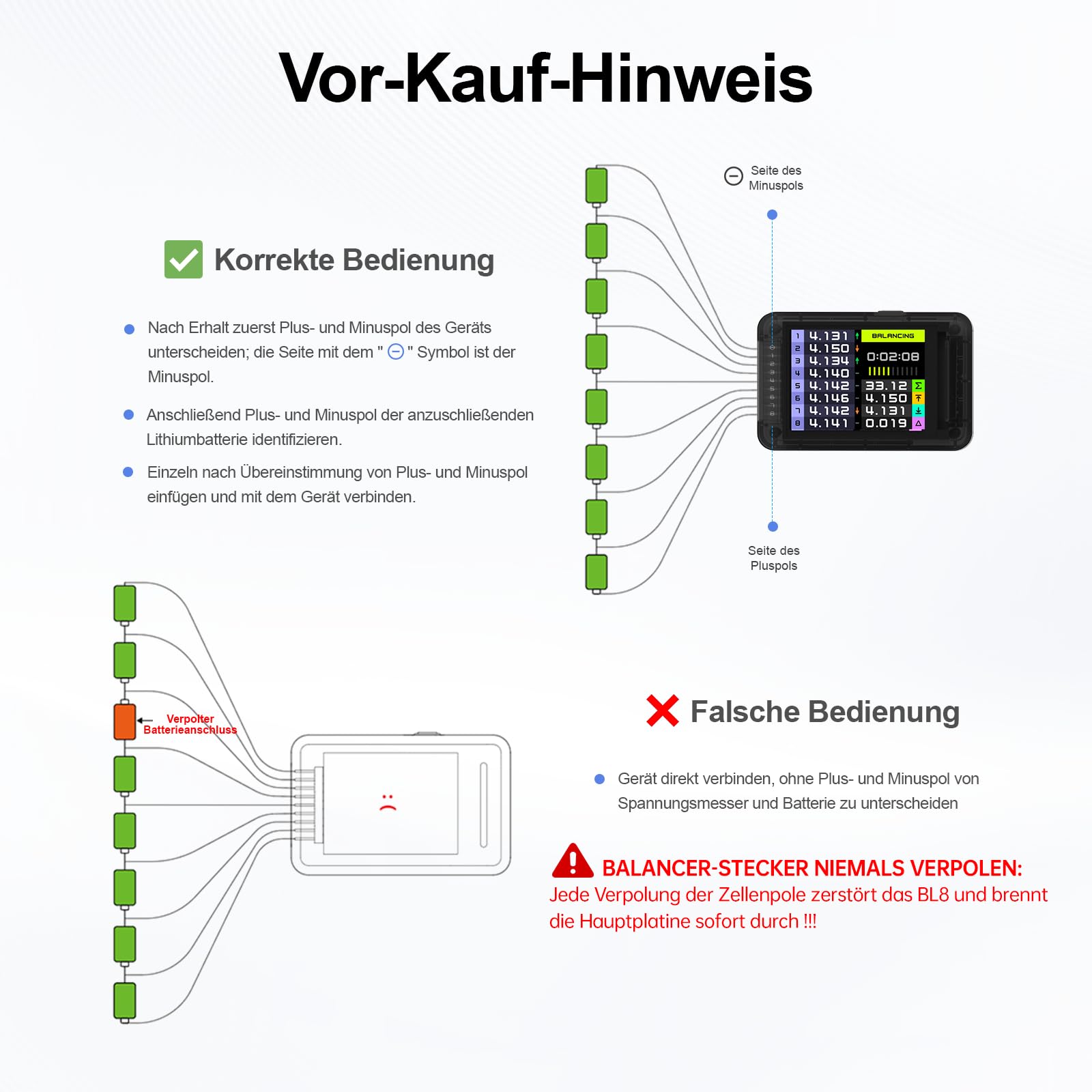 ISDT BL8 Digitaler Batterietester, 2-8S Lipo Checker für LiPo/Life/Li-ion/NiMH/Nicd, Aktives Balancieren in nur 15 Minuten, Kompaktes und leichtes Design