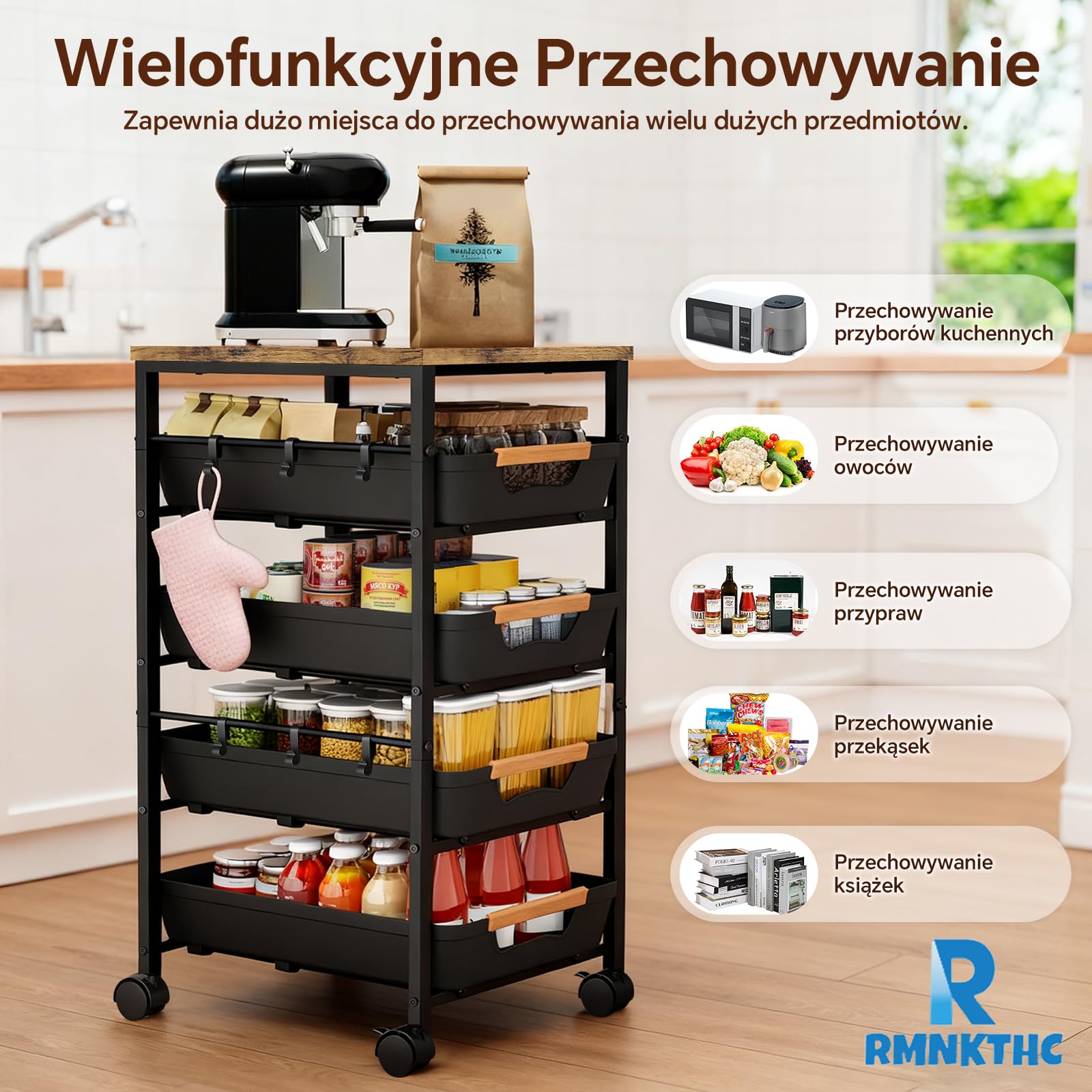 Wózek kuchenny z 5 poziomami i 4 szufladami, kółka 360° z 2 hamulcami, z drewnianą płytą i wentylowanymi koszami, do przechowywania owoców, warzyw, kuchenki mikrofalowej w kuchni i salonie (32