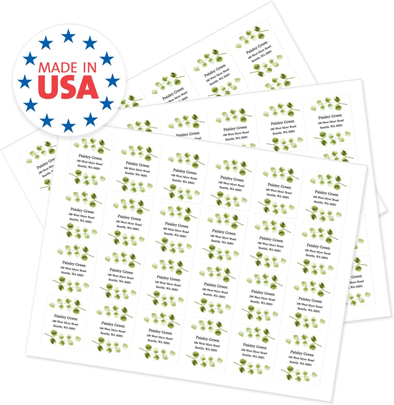 Simple Modern Greenery Personalized Address Labels / 72 Custom Botanical Sheeted Labels / 1.5" x 1.75" Elegant Name Return Address Tags/Made in USA